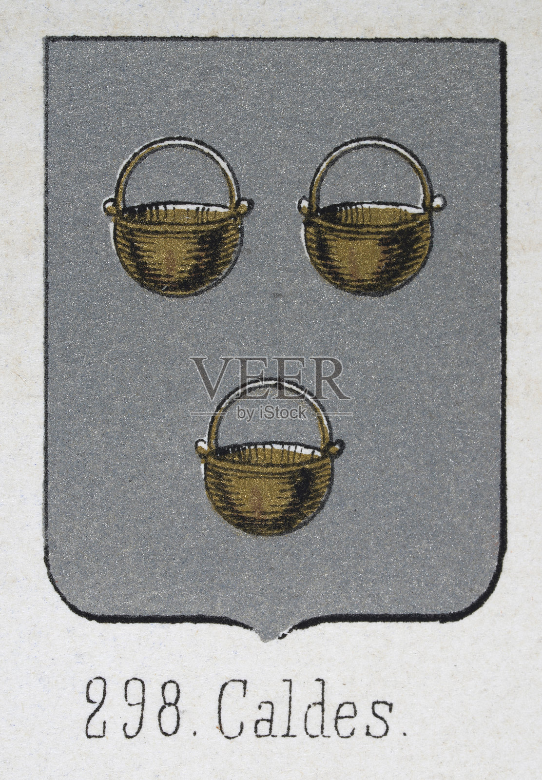 中世纪纹章，徽章，带有三只金色银色锅的盾牌，西班牙，复古插图插画图片素材