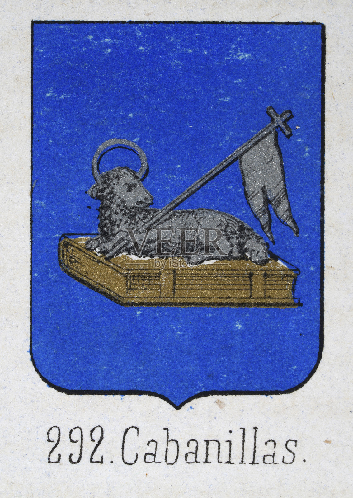 中世纪纹章，纹章，带有银色的上帝之羊的盾牌，金色，圣经，蓝色，西班牙，复古插图插画图片素材