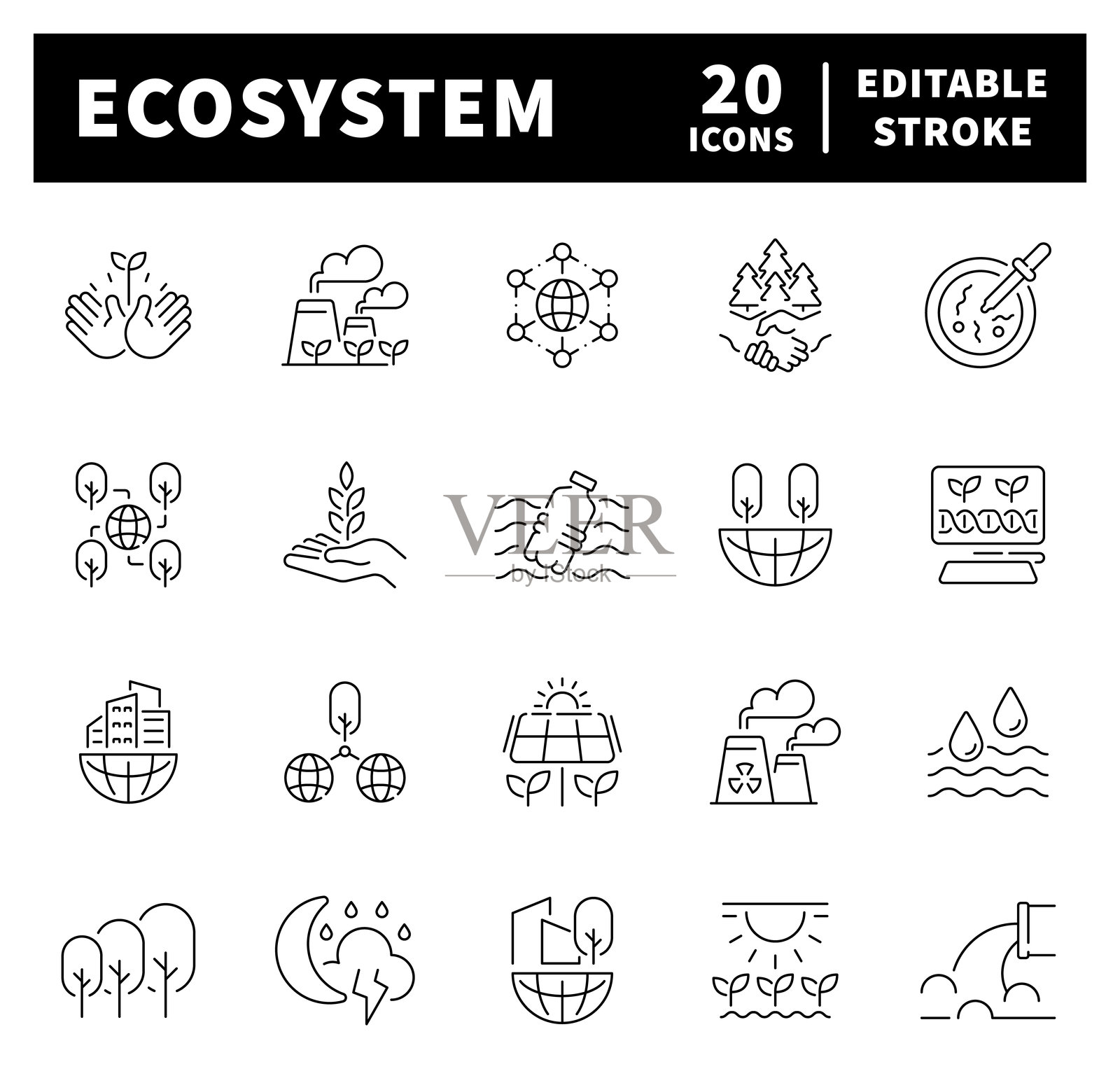 生态系统矢量图标。与生态系统和环境相关的细线图标。线条风格的生态系统矢量图标。插画图片素材