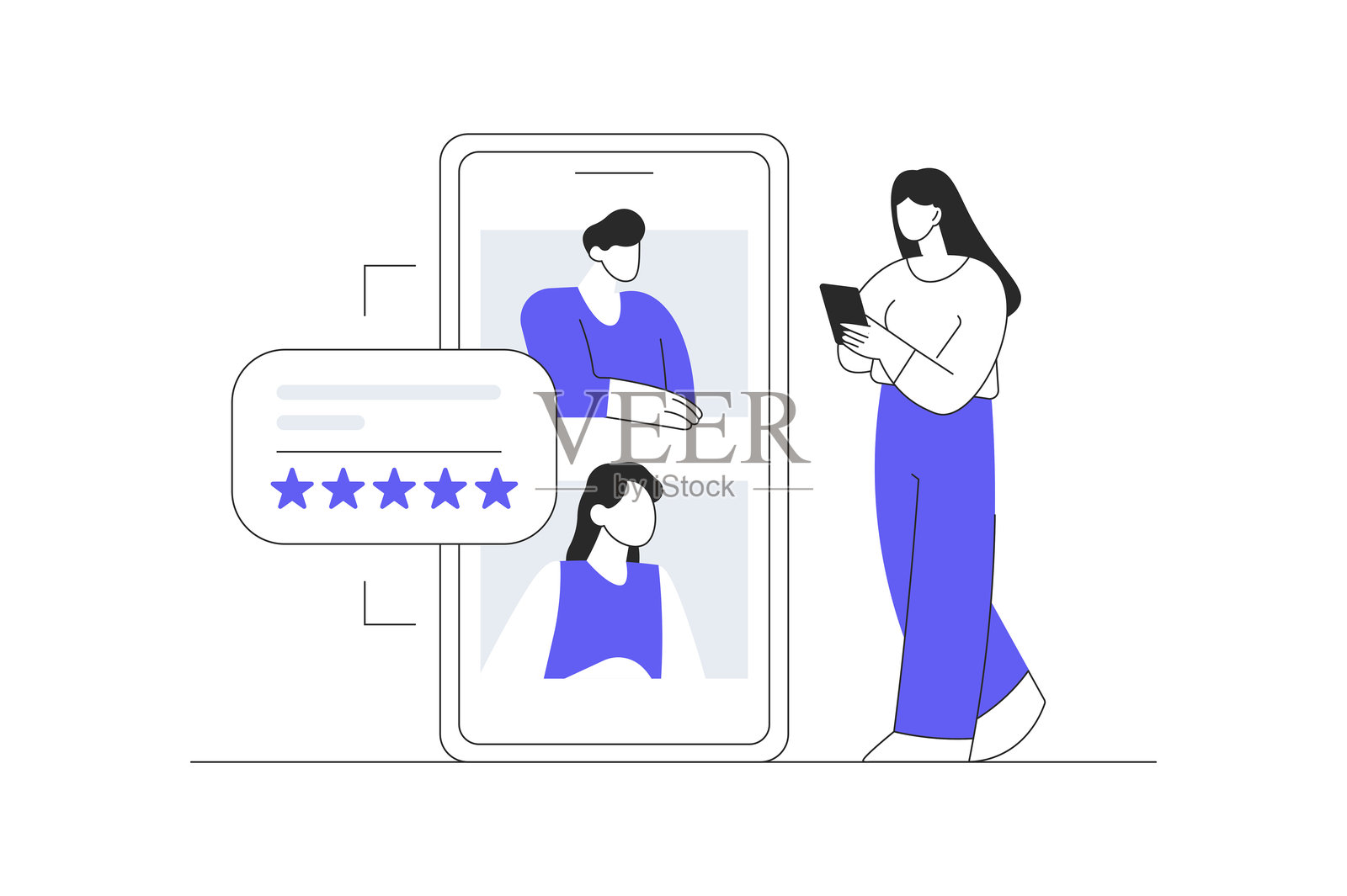 反馈与调查。女性角色给予积极的五星反馈，展示质量评分并填写调查表。客户满意度概念。扁平卡通矢量插图，图标。时尚抽象设计的着陆页面。插画图片素材