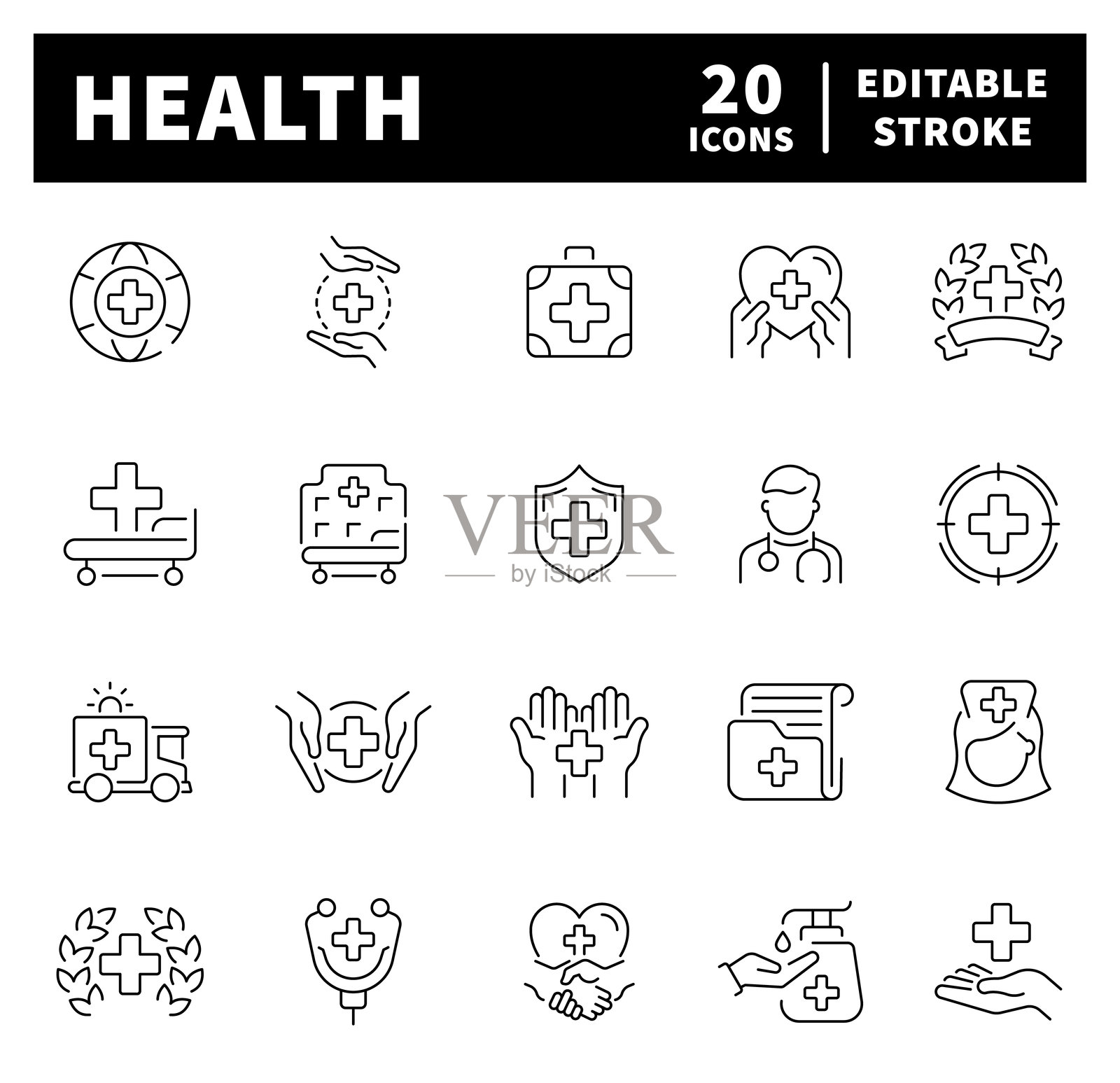 健康矢量图标。与健康和医学相关的细线图标。线条风格的健康矢量图标。插画图片素材
