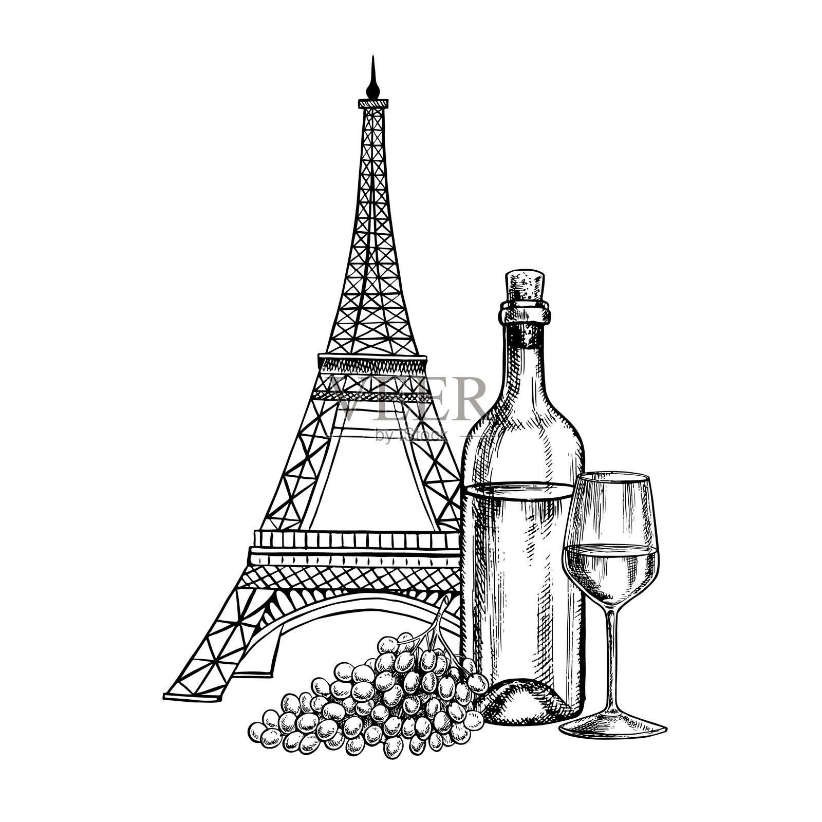 一瓶白葡萄酒、一只酒杯和葡萄，背景是埃菲尔铁塔。手绘矢量插图。适用于包装和标签，横幅和海报，餐厅、酒吧等场所。插画图片素材