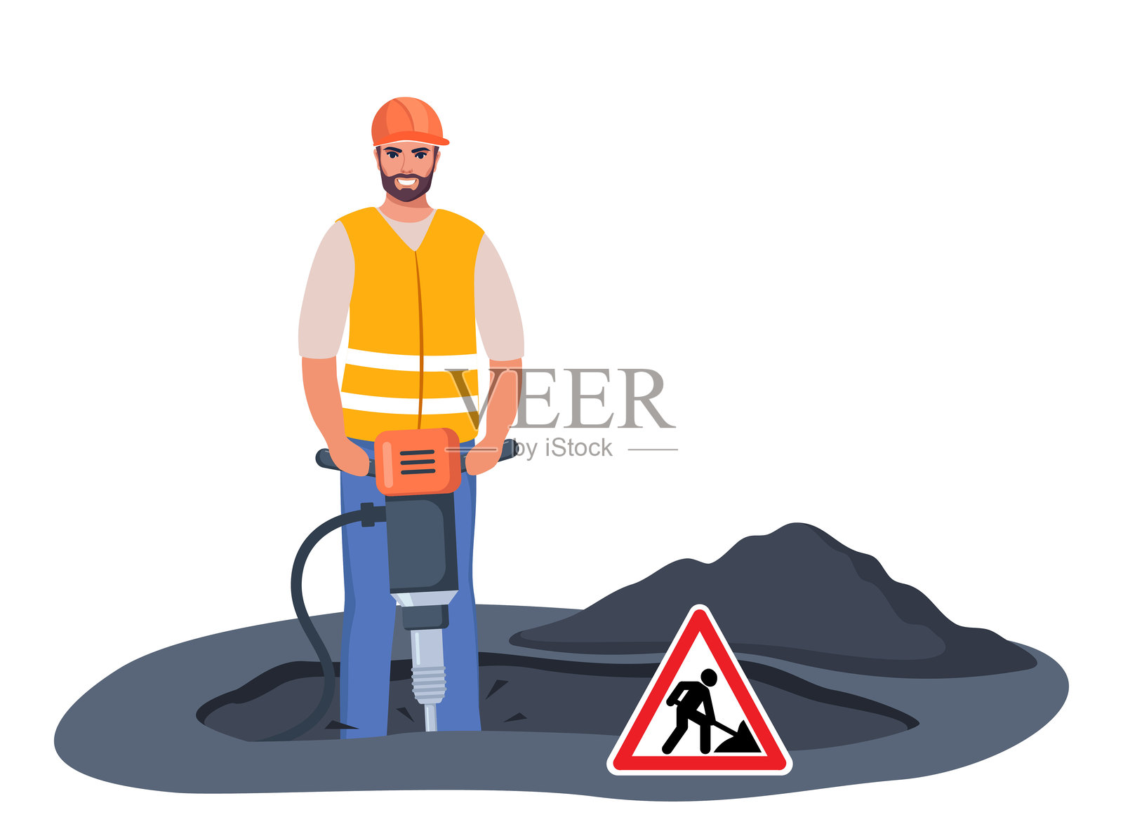 道路修复场景。施工工人手持电锤，准备开工。微笑的男性角色，工业工人或建筑工人。矢量插图。插画图片素材