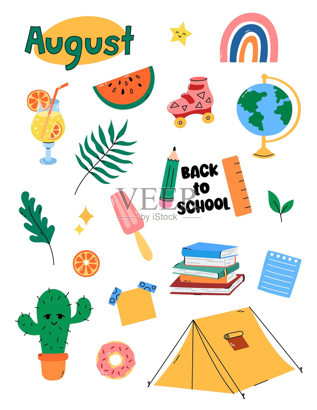 可爱的八月剪贴画，贴纸套装。夏季主题元素的矢量插图合集，包括露营帐篷、西瓜、鸡尾酒。每月剪贴画，适用于计划本的贴纸，夏季设计。美国信纸尺寸。插画图片素材