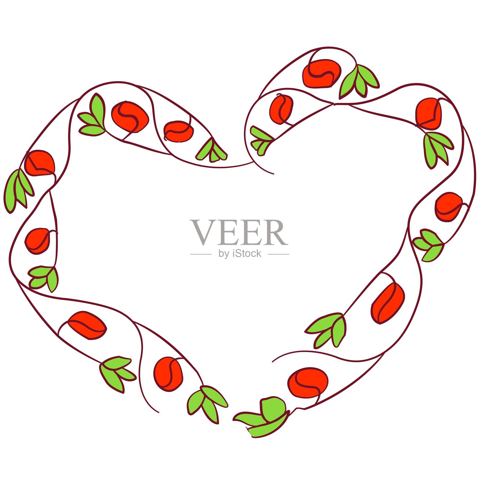 带有叶子和红色花蕾的线条艺术心形框架插画图片素材