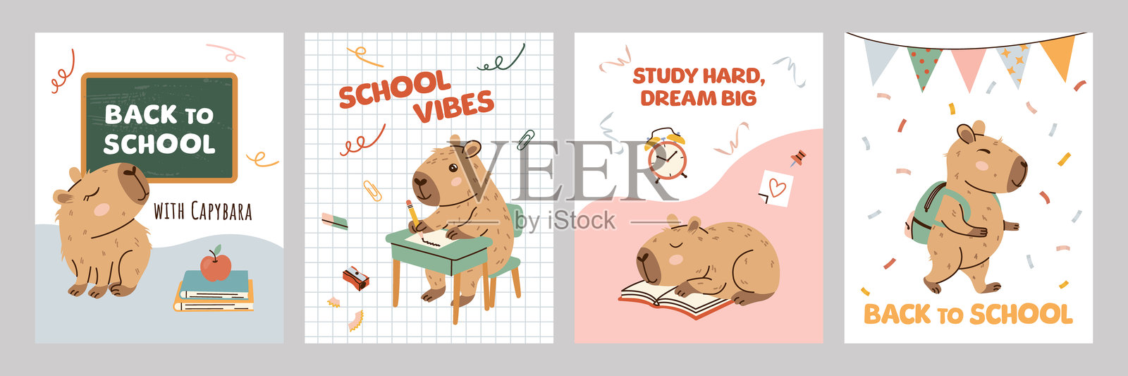 可爱的返校水豚海报套装，手绘扁平风格，配有搞笑动物，柔和的色彩搭配，白色背景。非常适合儿童海报、贺卡、贴纸和社交媒体设计。插画图片素材