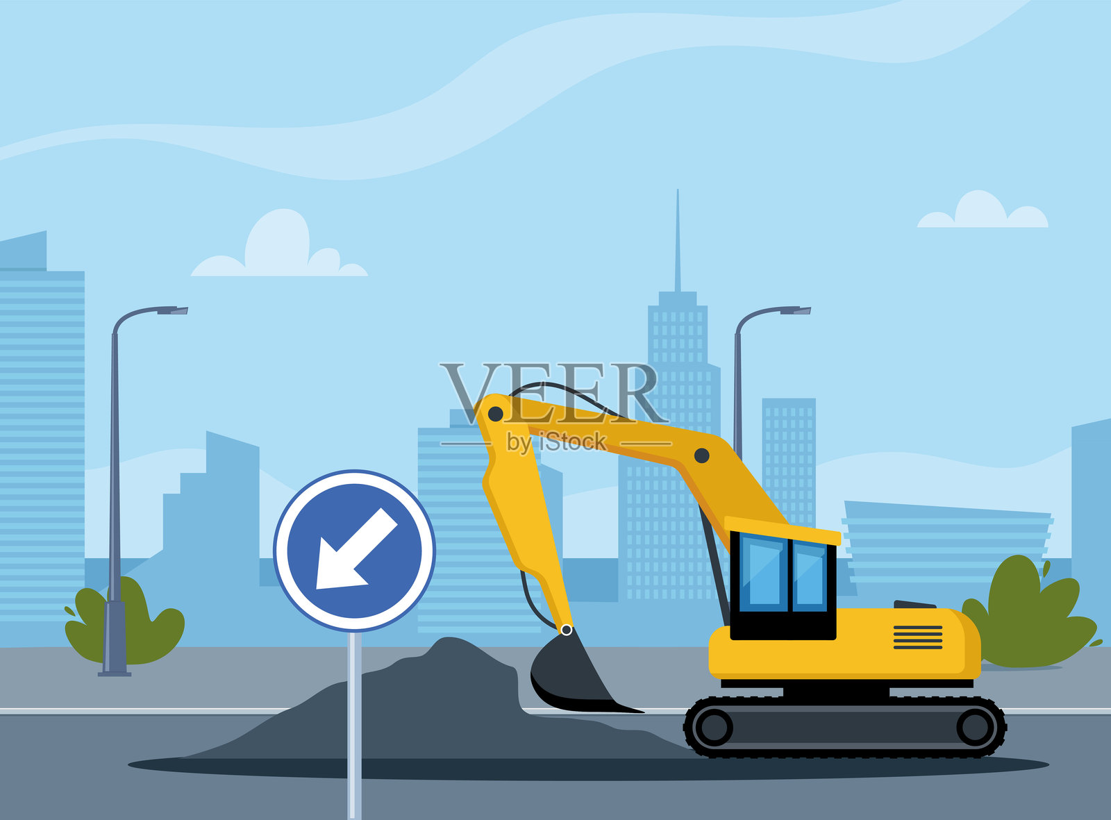 城市背景下的道路修复，现代特殊机械在封闭的道路上作业。城市背景下的重型设备用于道路建设。矢量插图。插画图片素材