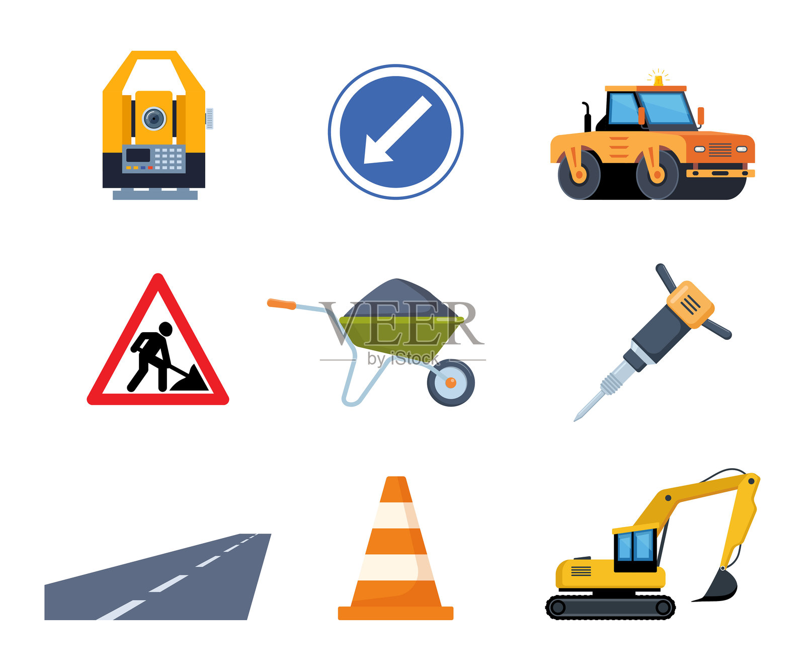 道路修复工具套件。用于道路施工的工具和设备。道路标志、铺路机、道路、限制锥、测量仪、挖掘机、手推车、铲子、沥青。矢量插图。插画图片素材