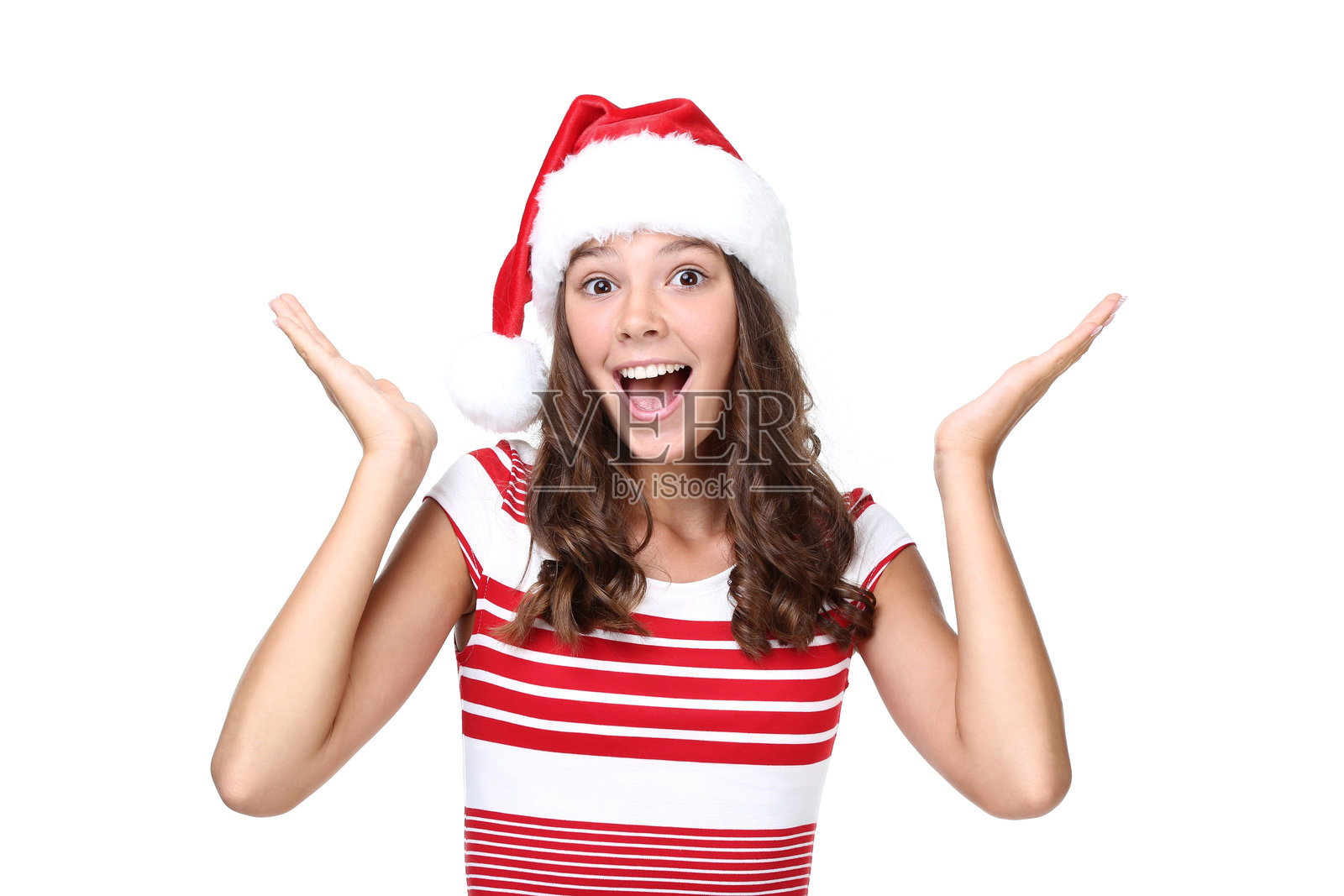 戴着圣诞帽的情感女孩，背景为白色照片摄影图片