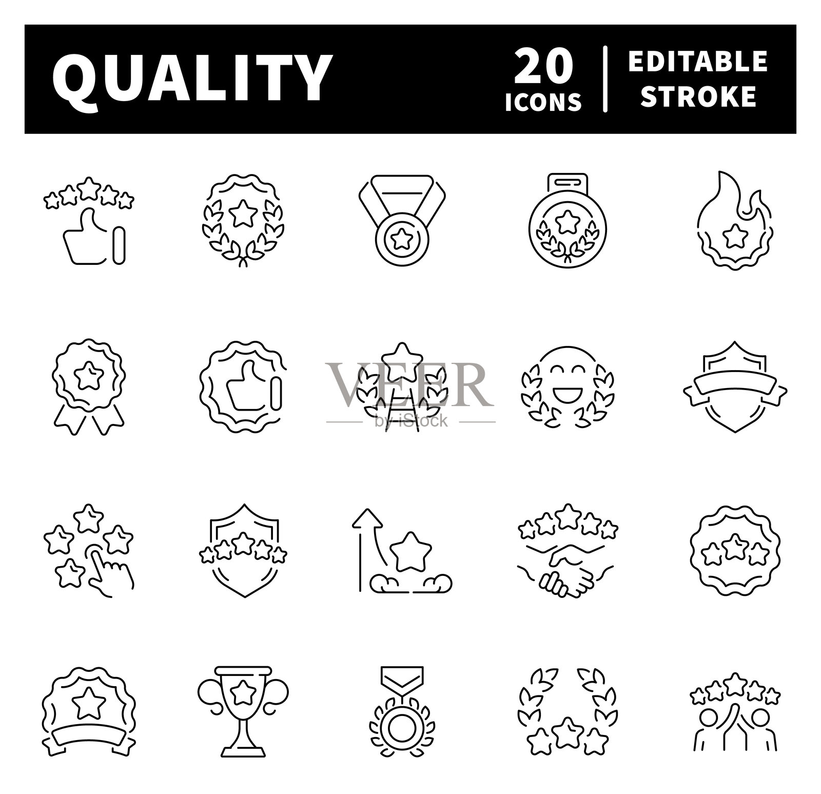 优质矢量图标合集。与质量和评级相关的细线图标。线条风格的优质矢量图标。插画图片素材