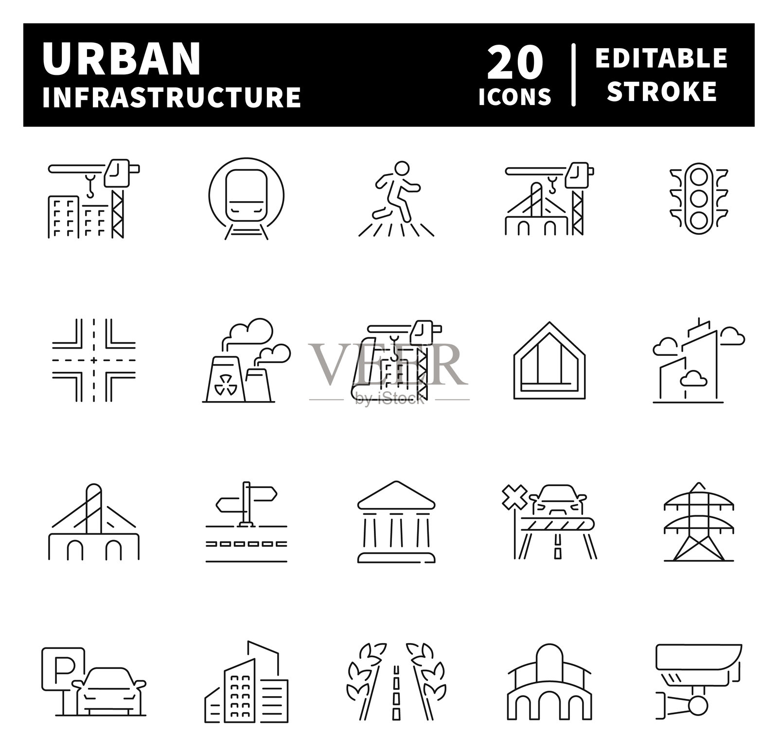 城市基础设施矢量图标集合。与城市基础设施和城市发展相关的细线图标。基础设施矢量图标采用线条风格。插画图片素材