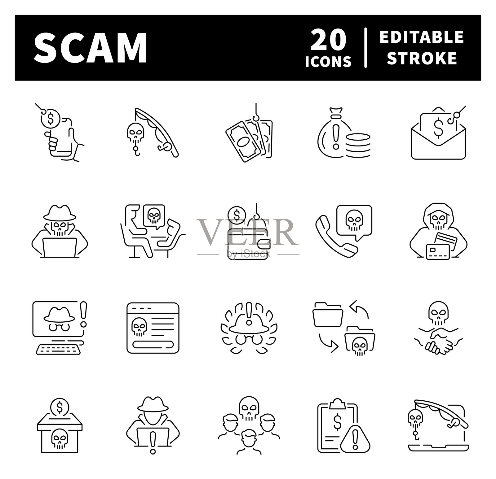 诈骗矢量图标。与诈骗相关的细线图标集合。诈骗和欺诈线性图标集合。插画图片素材