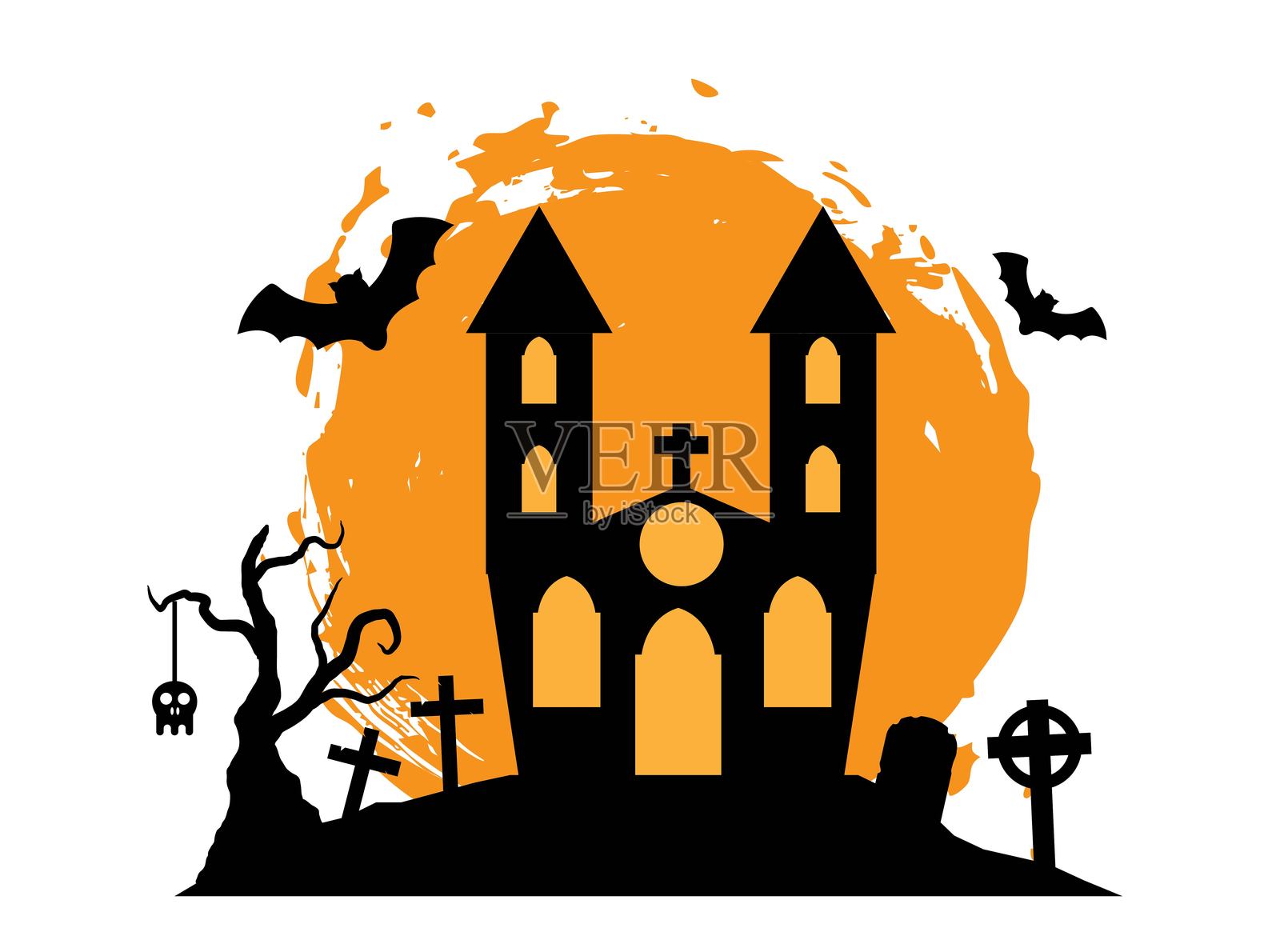 有趣的万圣节教堂剪影在日落中，伴有蝙蝠和墓地插画图片素材