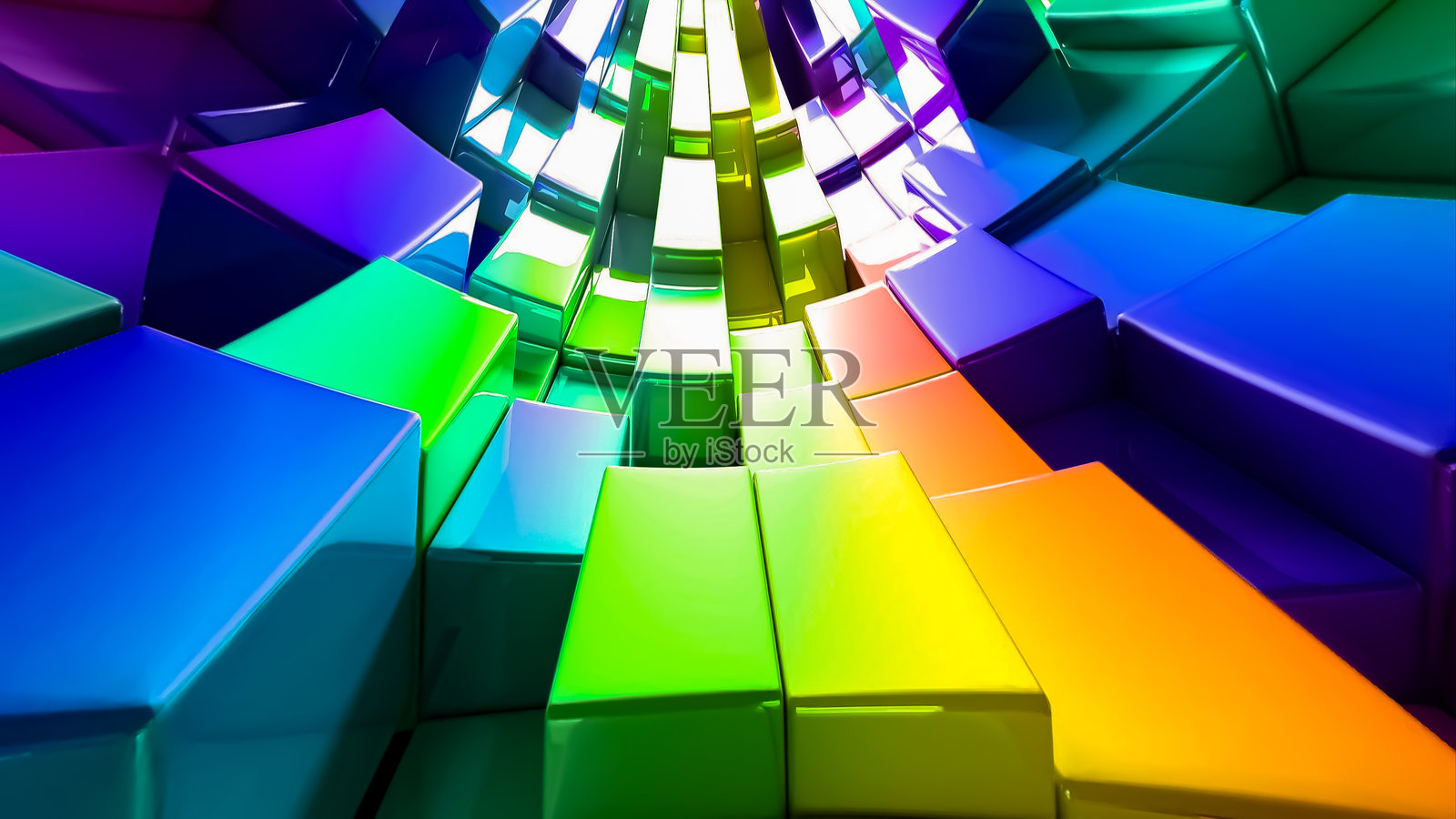 充满活力的抽象背景，色彩斑斓的3D方块形成隧道或通道，散发着光芒照片摄影图片