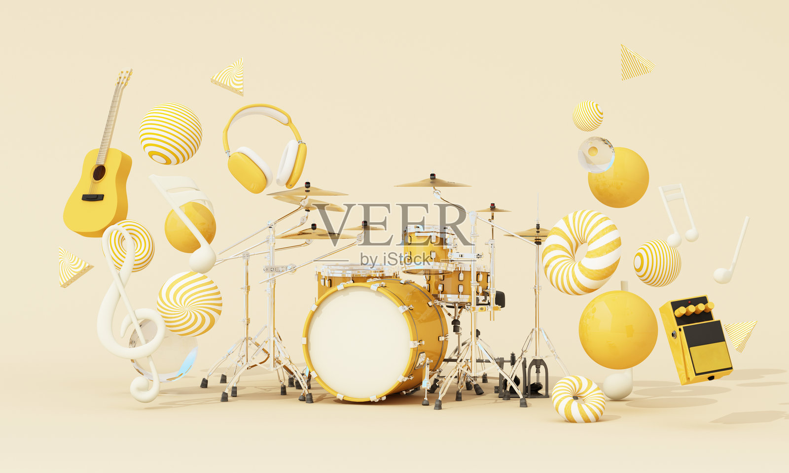 五彩缤纷的鼓组，周围环绕着吉他、音符、耳机和漂浮的球体，背景为柔和色调，象征着快乐的音乐和创造力。3D渲染。照片摄影图片
