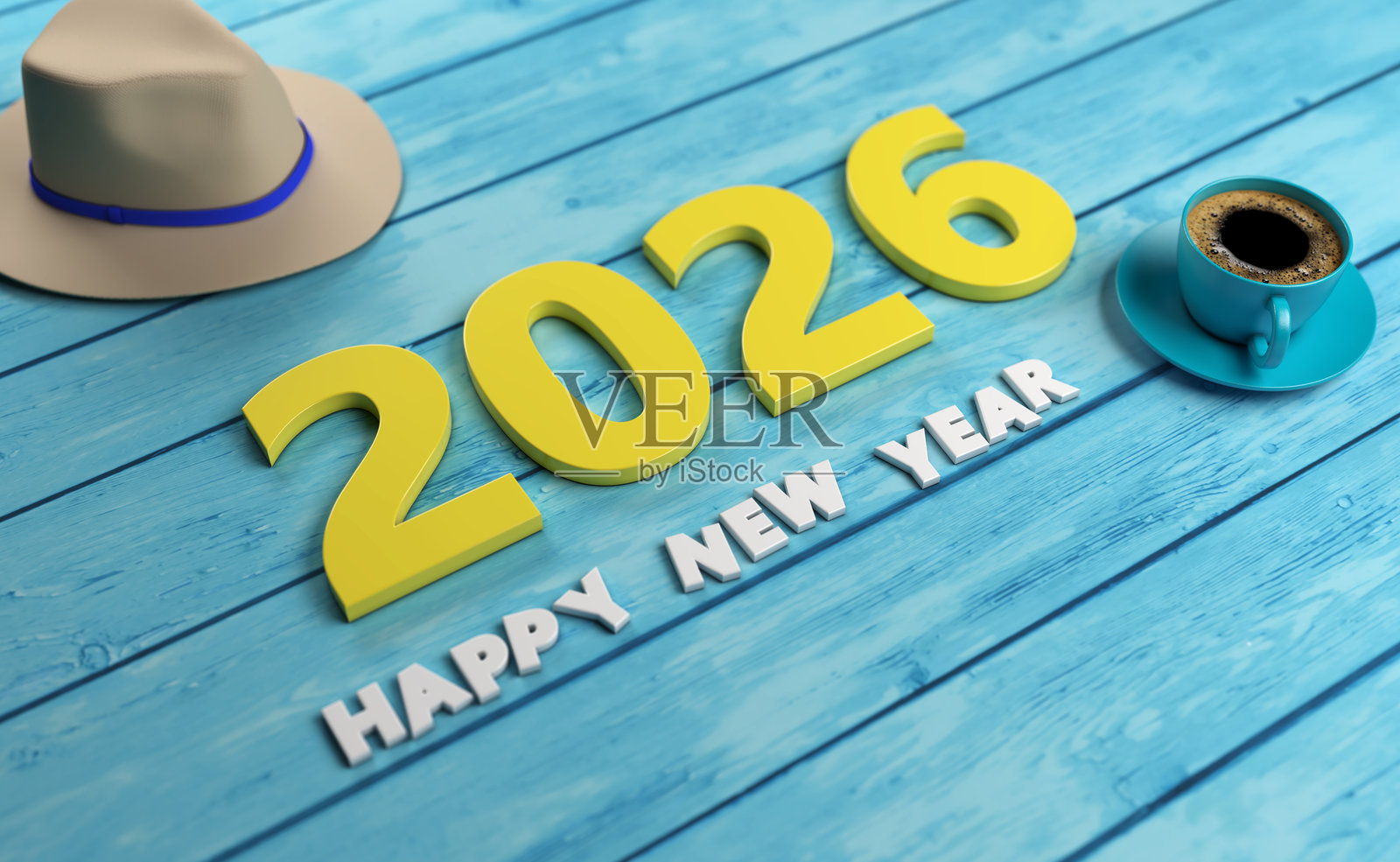 2026年新年创意设计概念与咖啡杯照片摄影图片