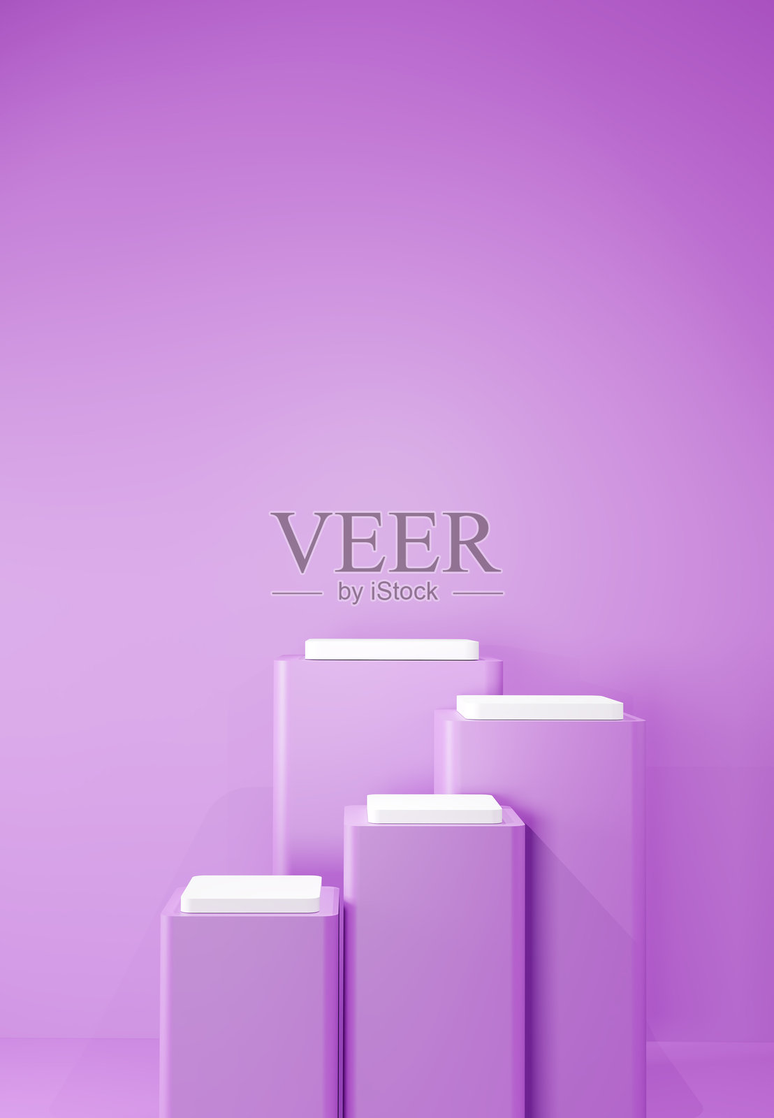 在充满活力的紫色背景下，白色方形展台上展示产品。展示化妆品、科技小工具、时尚配饰或奢侈品。非常适合电子商务、广告和品牌推广。照片摄影图片