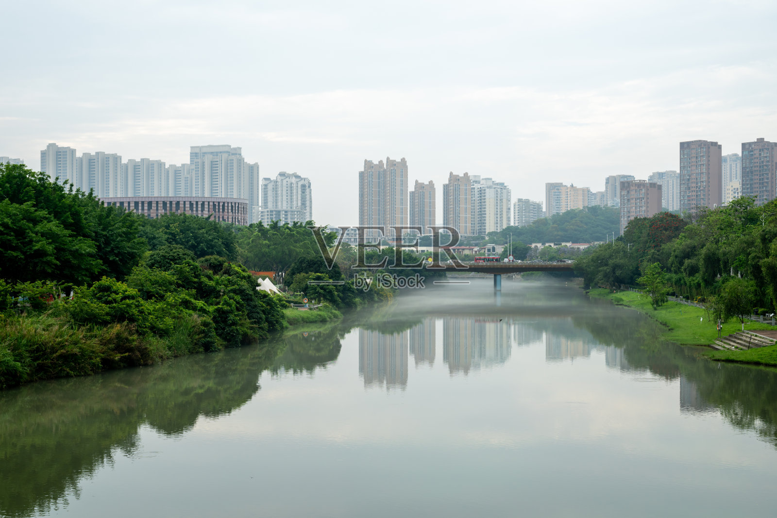 城市公园河边的建筑景观照片摄影图片
