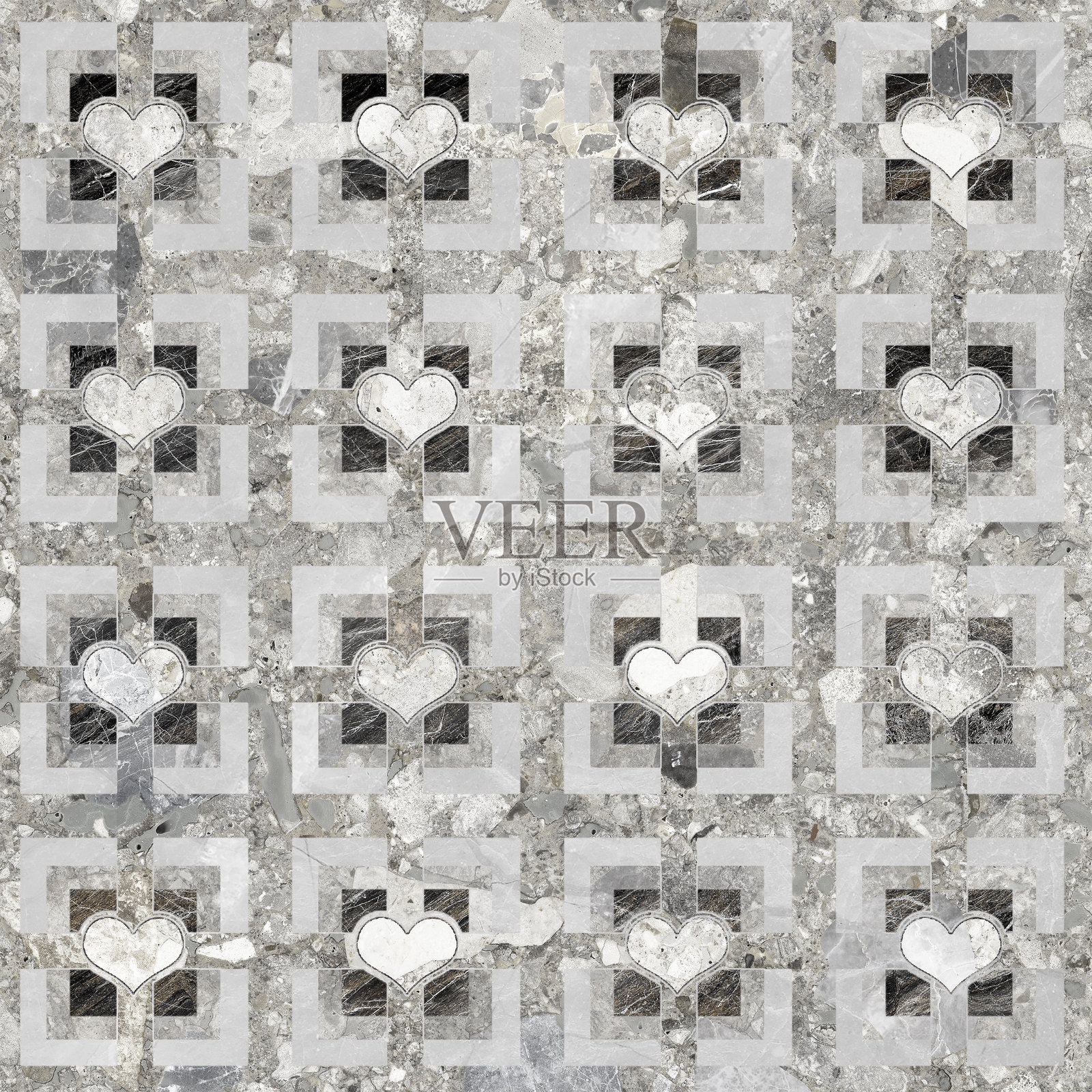 带有磨损石头心形的几何图案纹理。时尚的地板墙砖心形设计照片摄影图片