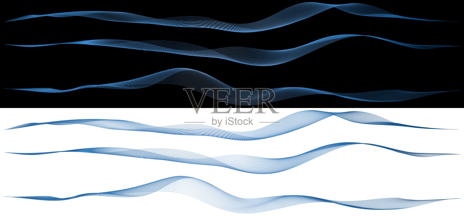 三幅抽象蓝色波浪图案，具有动态细线，展示在对比鲜明的黑白背景上。照片摄影图片