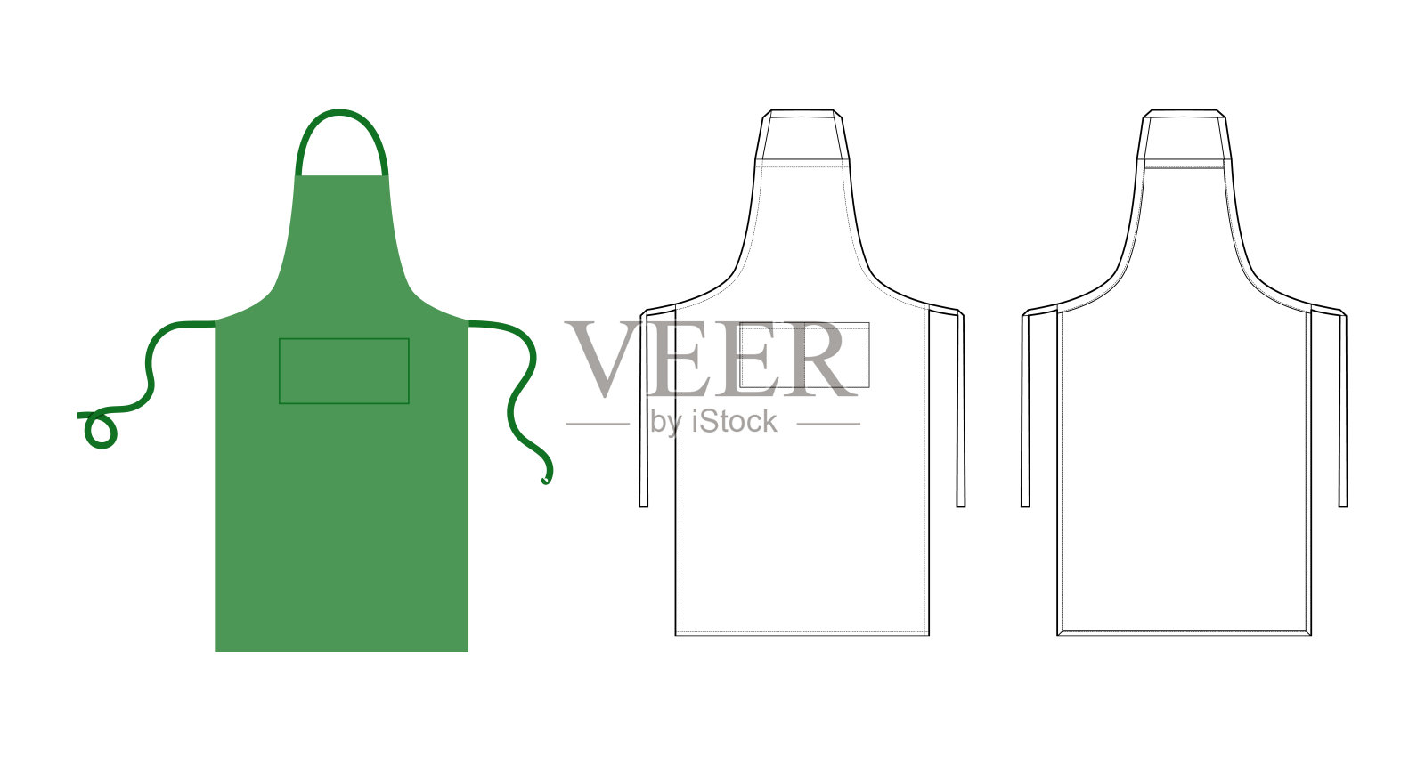 一套长款围裙的技术时尚插图。厨师烹饪制服的绿色卡通平面草图轮廓。插画图片素材