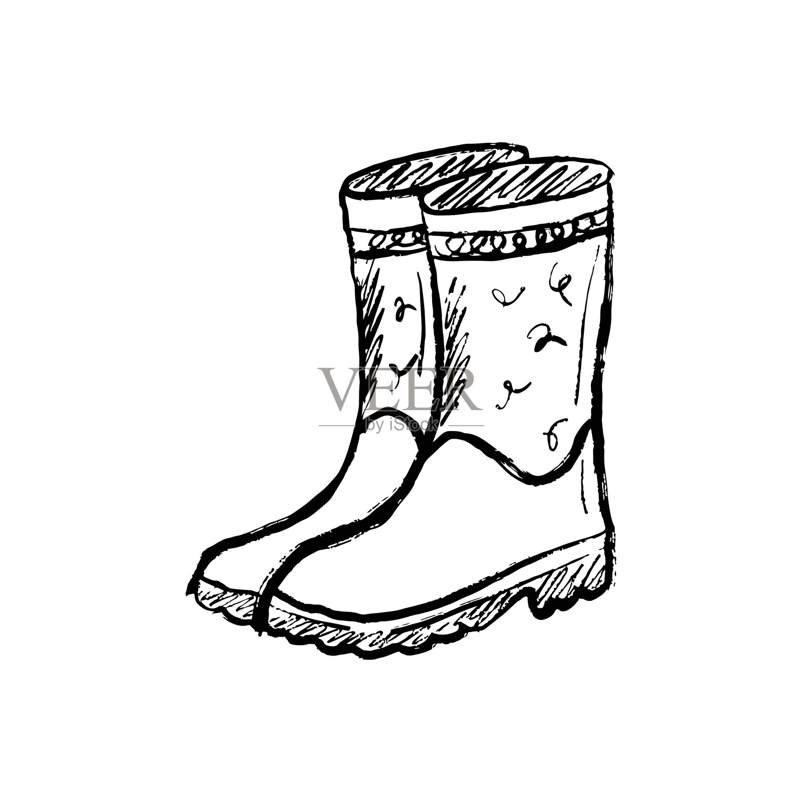 防雨橡胶靴。园艺鞋，设备。黑色笔刷纹理，独立于白色背景。手绘矢量素描插图，采用复古木炭墨水风格。春季时尚。插画图片素材