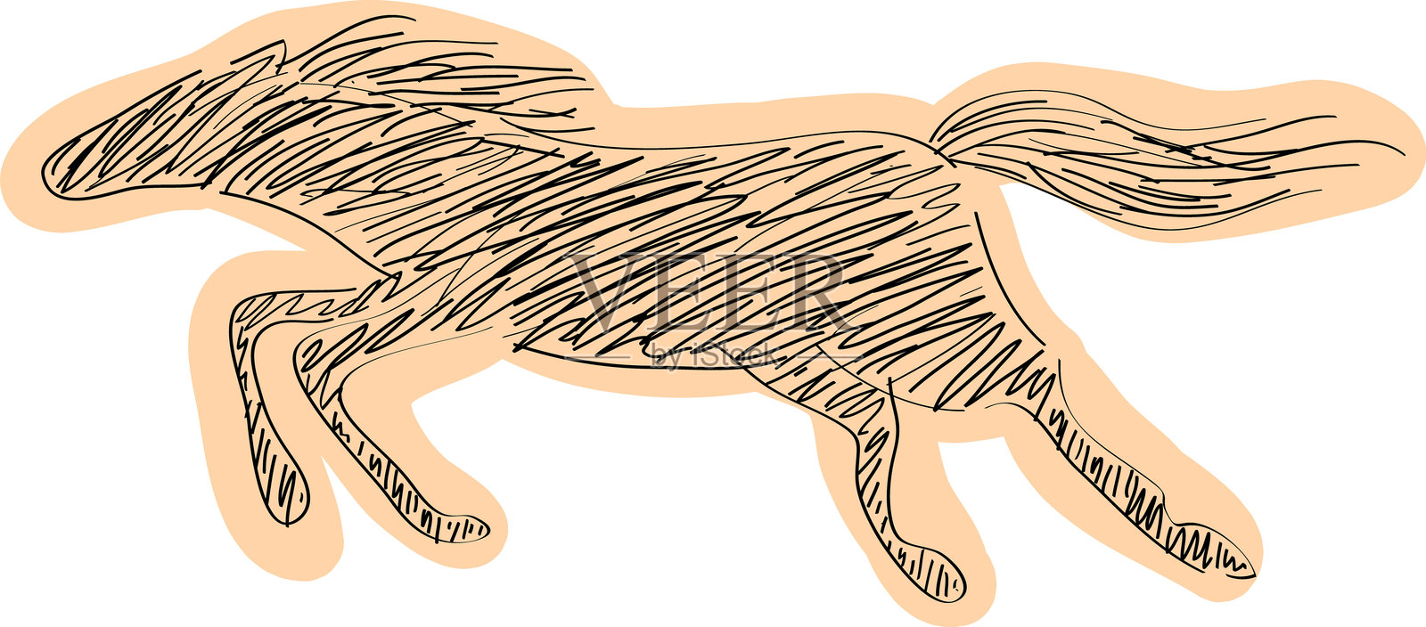 奔跑的马的阴影轮廓剪影，侧面视图，手绘，使用简单的黑色曲线，随意涂上温暖的色调插画图片素材