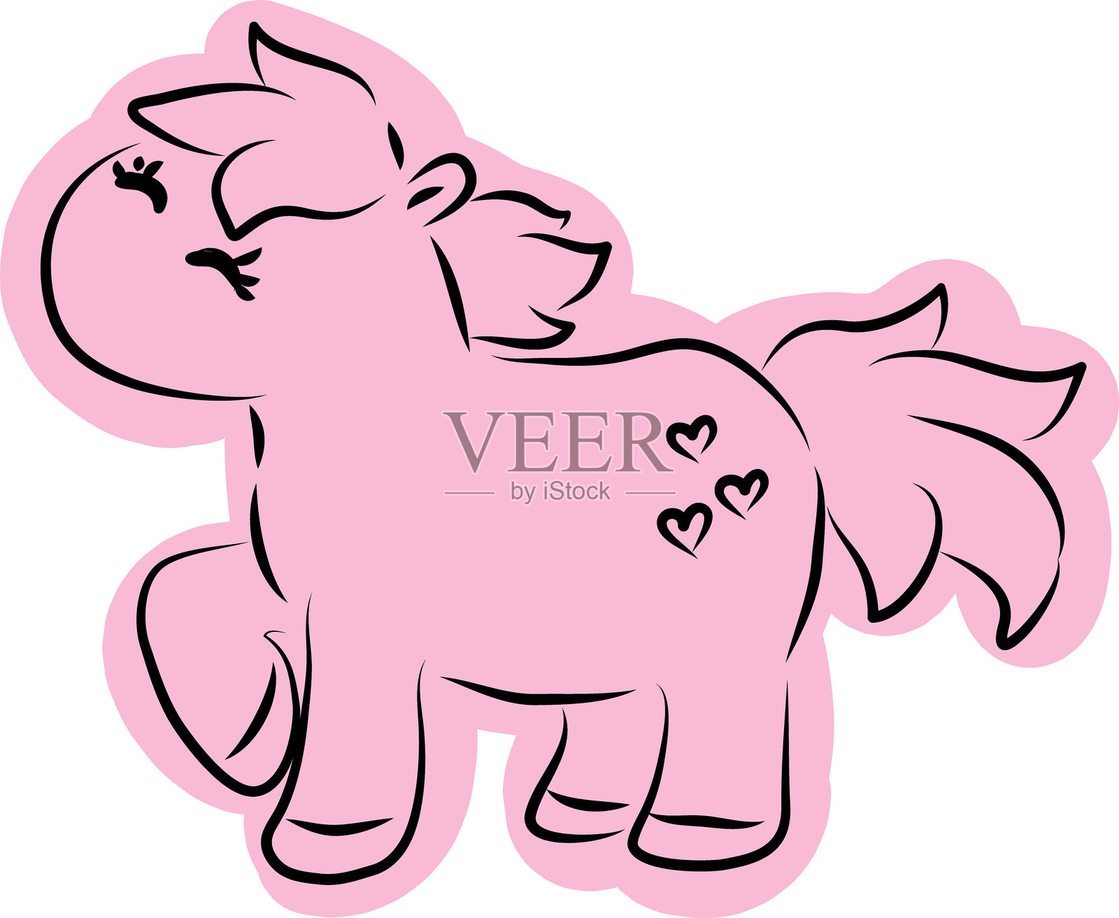 可爱快乐的小马抬起一只蹄子，侧面全身视图，简单的黑色曲线勾勒，随意涂成粉色。插画图片素材