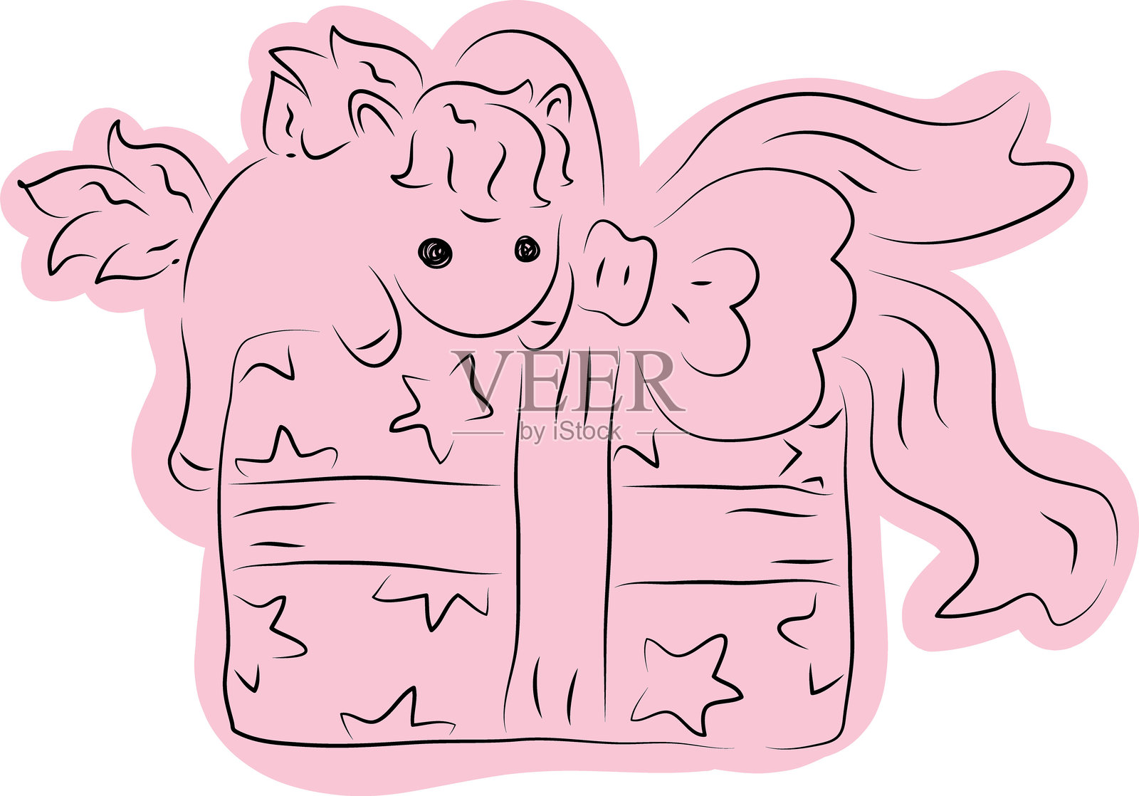 可爱的小马驹爬上了一个系着大蝴蝶结的礼物盒，画风简单，使用黑色曲线勾勒，随意涂上粉色。插画图片素材