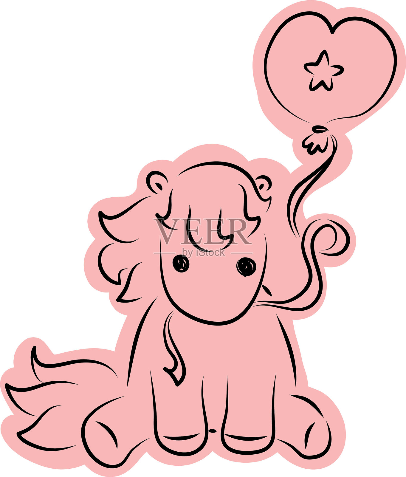 可爱的小马坐着，面朝镜头，嘴里叼着气球的丝带，采用简单的黑色曲线绘制，随意涂成粉色，正面视角。插画图片素材