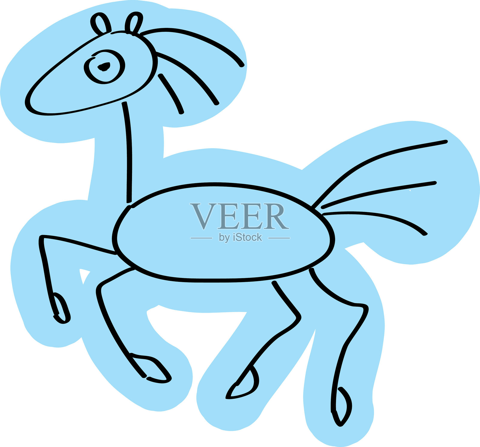 有趣的孩子画的奔跑马匹侧面图，手绘，简单的黑色曲线，随意涂成蓝色插画图片素材