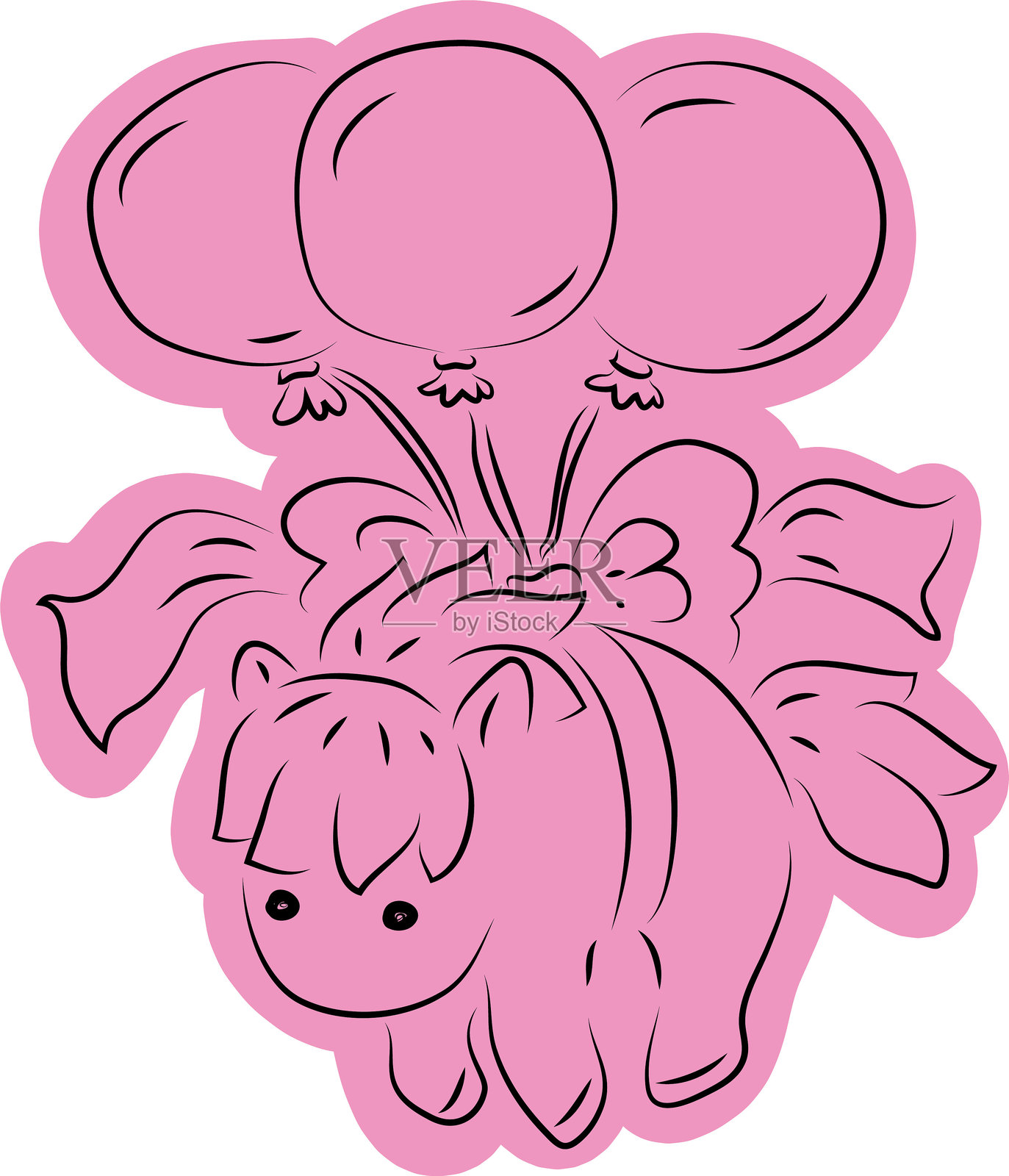 可爱的小马被节日气球绑着飞翔，系着一个大蝴蝶结，采用简单的黑色曲线绘制，随意涂成粉色。插画图片素材