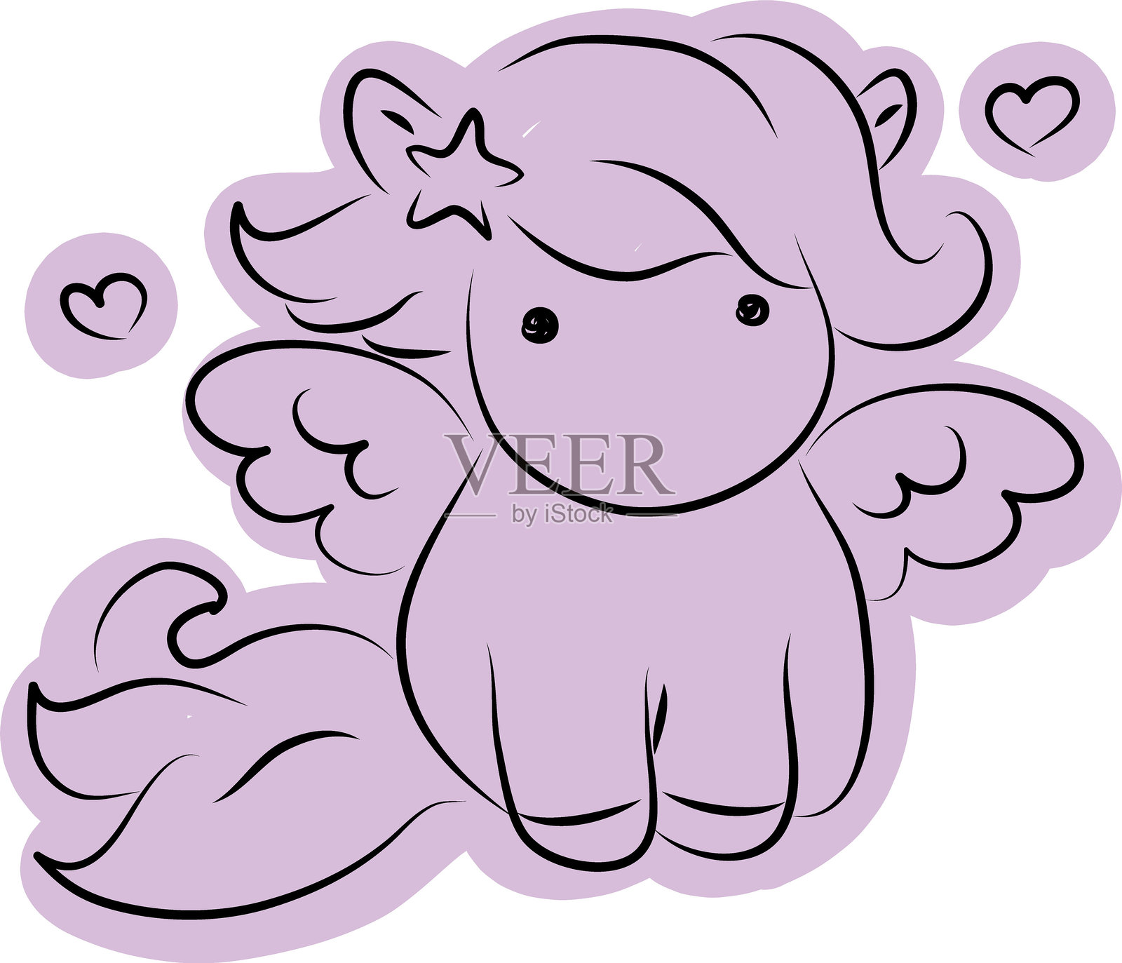 可爱的小飞马，翅膀张开，正看着镜头，采用简单的黑色曲线绘制，随意涂上紫色。插画图片素材