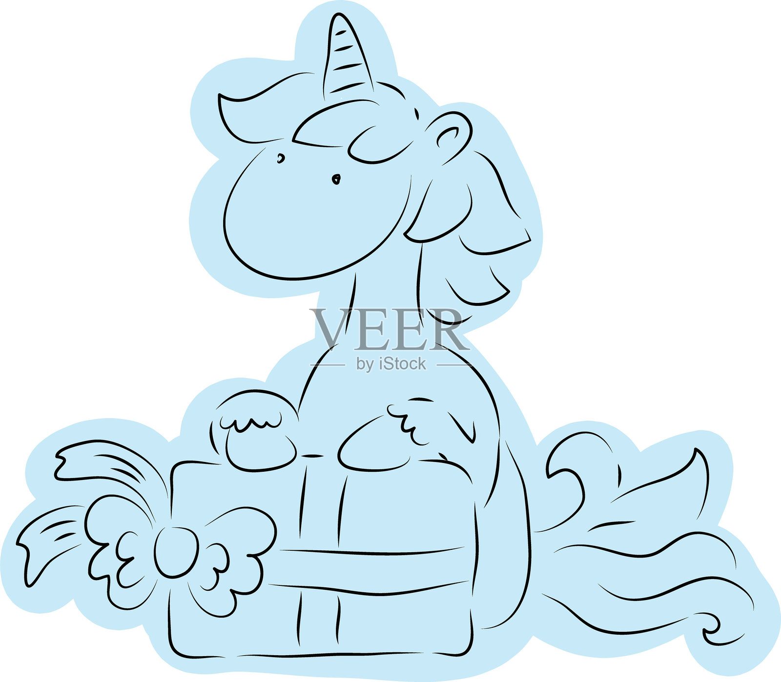可爱的独角兽坐在礼品盒旁，简单的黑色曲线勾勒，随意涂上蓝色。插画图片素材
