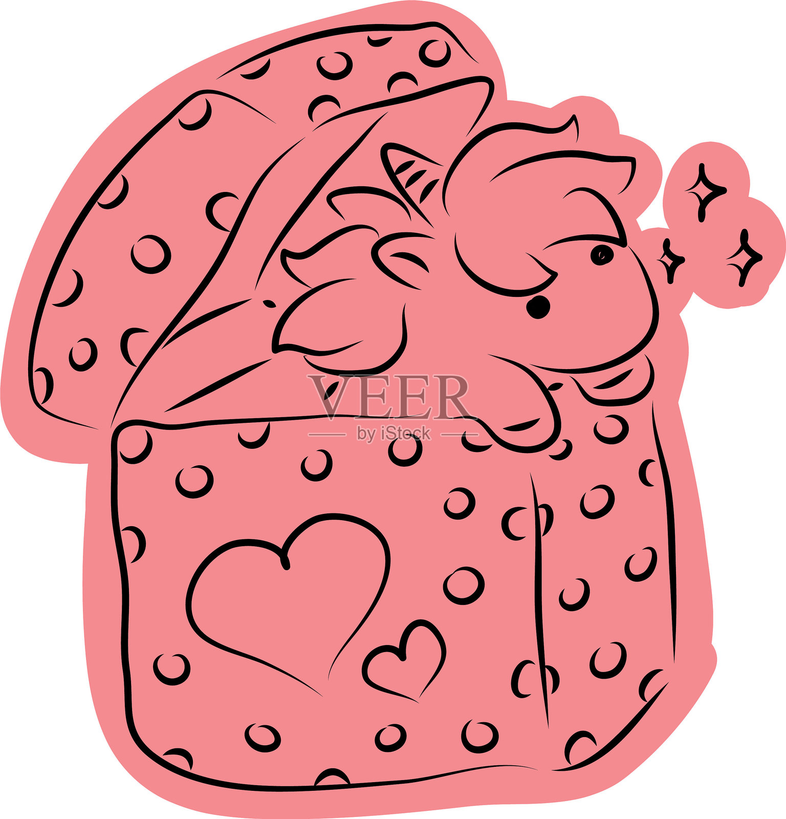 可爱的小独角兽小马从一个可爱的巨大礼品盒中探出头来，盒子用简单的黑色曲线绘制，随意涂成粉色。插画图片素材