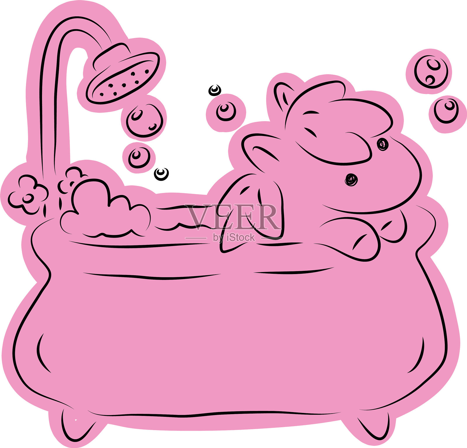 可爱的小马在洗澡，注视着肥皂泡，画风简单，使用黑色曲线勾勒，随意涂上粉色。插画图片素材