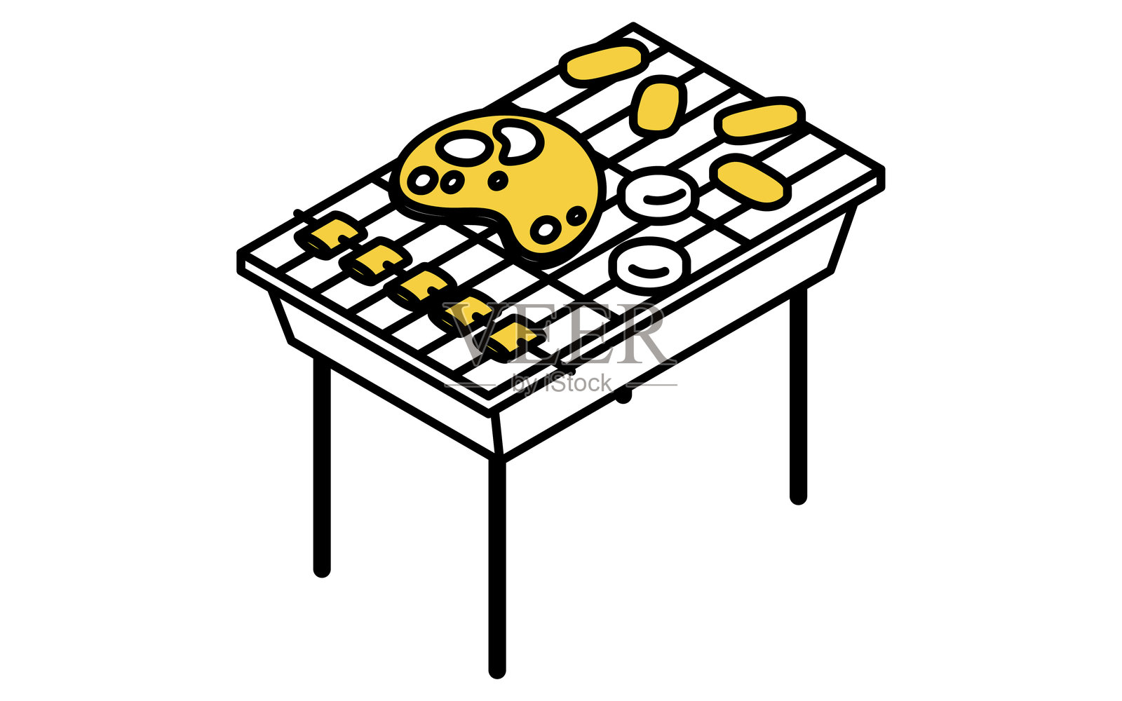 等距线条插图，展示了一个烧烤架和食材，简单的夏季户外烹饪图标插画图片素材