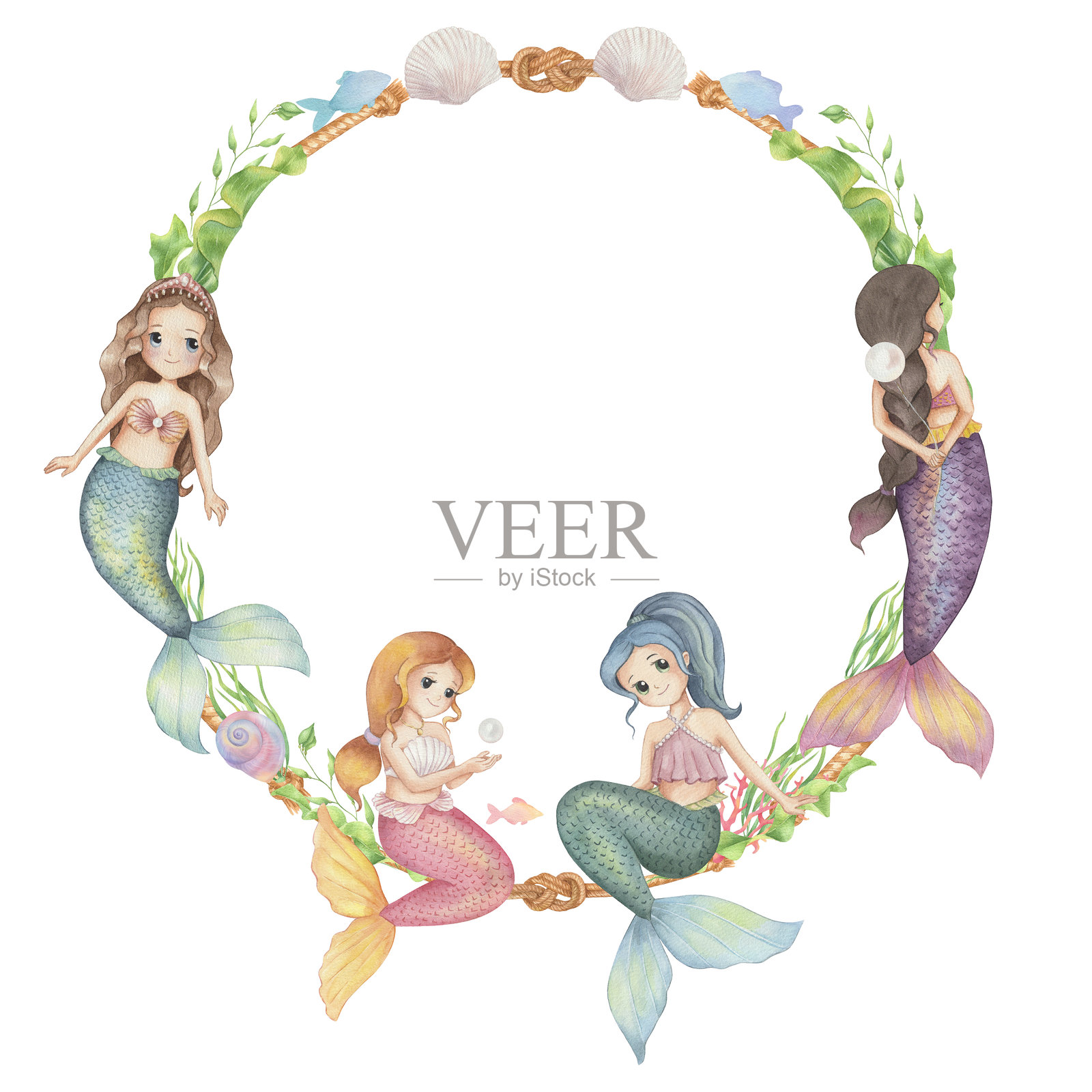 水彩海洋框架，包含美人鱼、珊瑚和贝壳插画图片素材