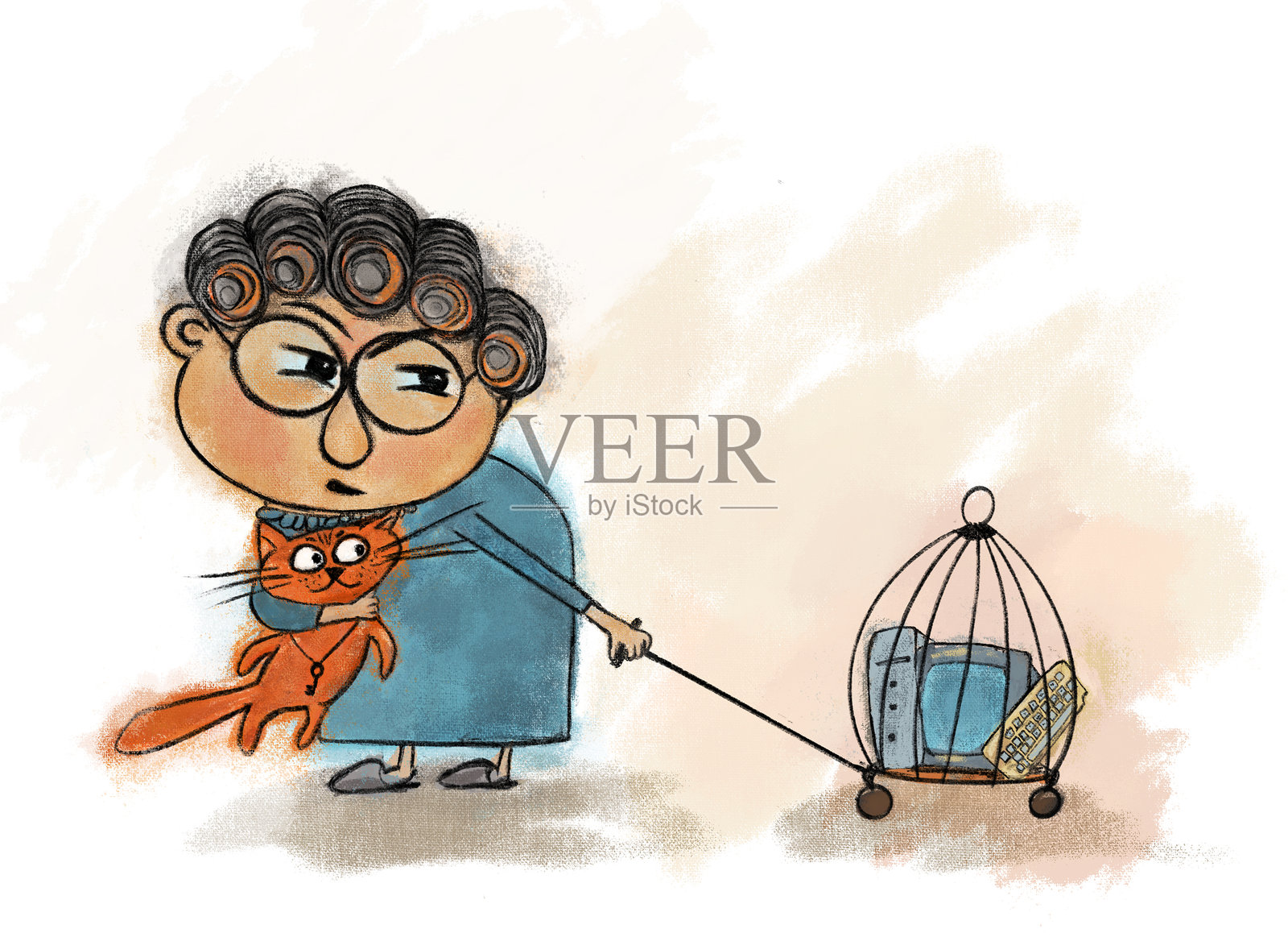 祖母在笼子里保护电脑。老年女性与猫安全运输科技产品。插画图片素材