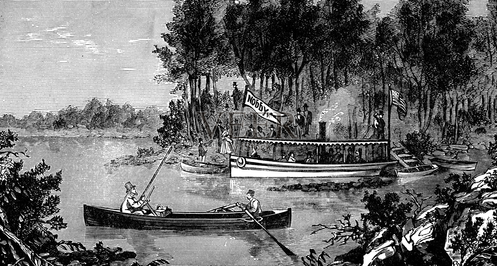 19世纪的诺比岛上诺比蒸汽游艇，位于美国纽约千岛地区插画图片素材