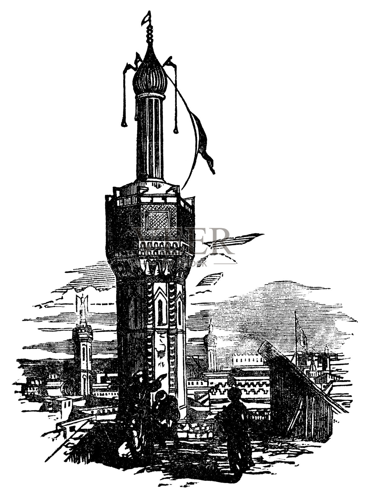 开罗，埃及的天际线上的尖塔 - 19世纪插画图片素材