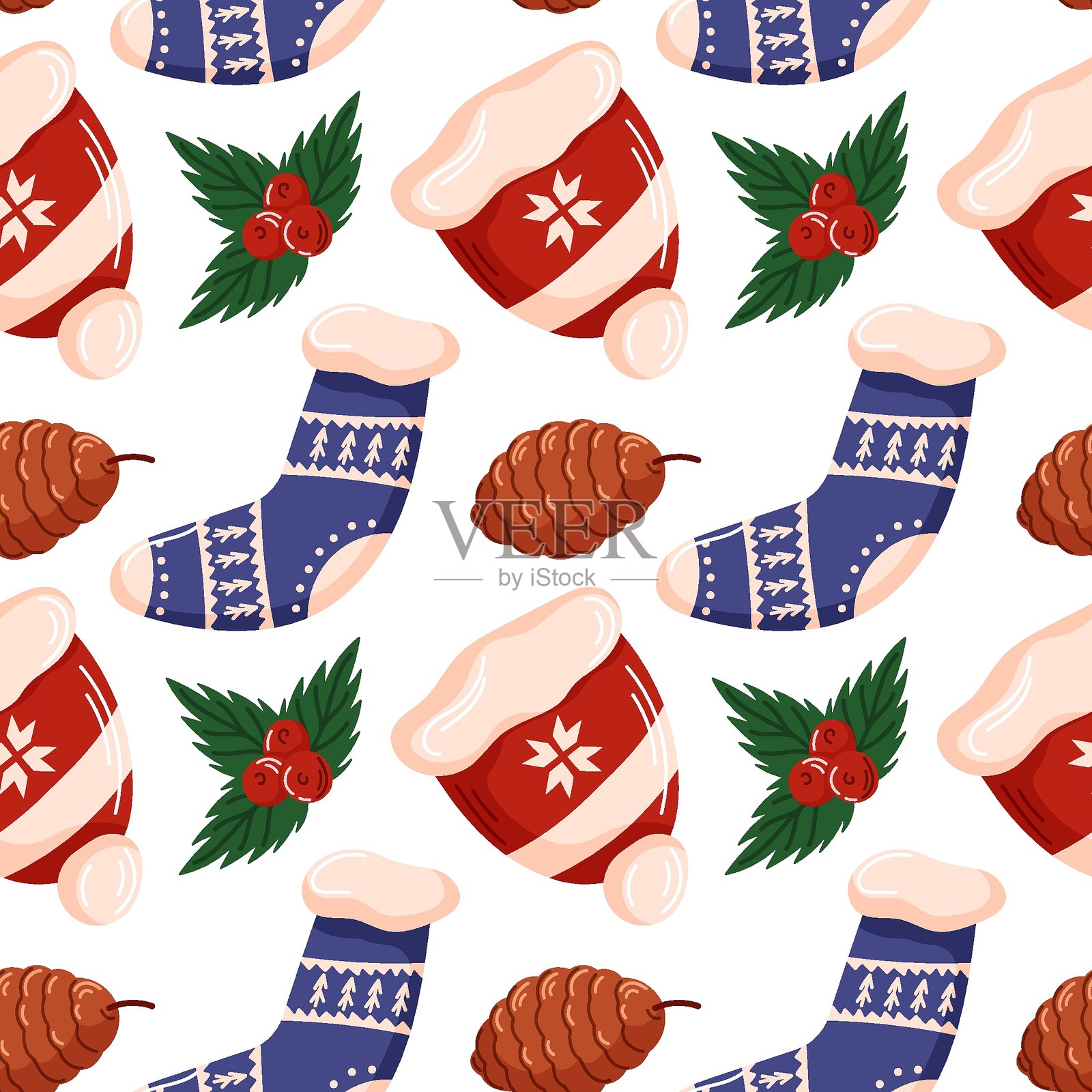 无缝圣诞图案，包含舒适的袜子、圣诞老人帽、松果和冬青叶，背景为白色卡通风格。非常适合节日包装纸、冬季纺织品和节日装饰。插画图片素材