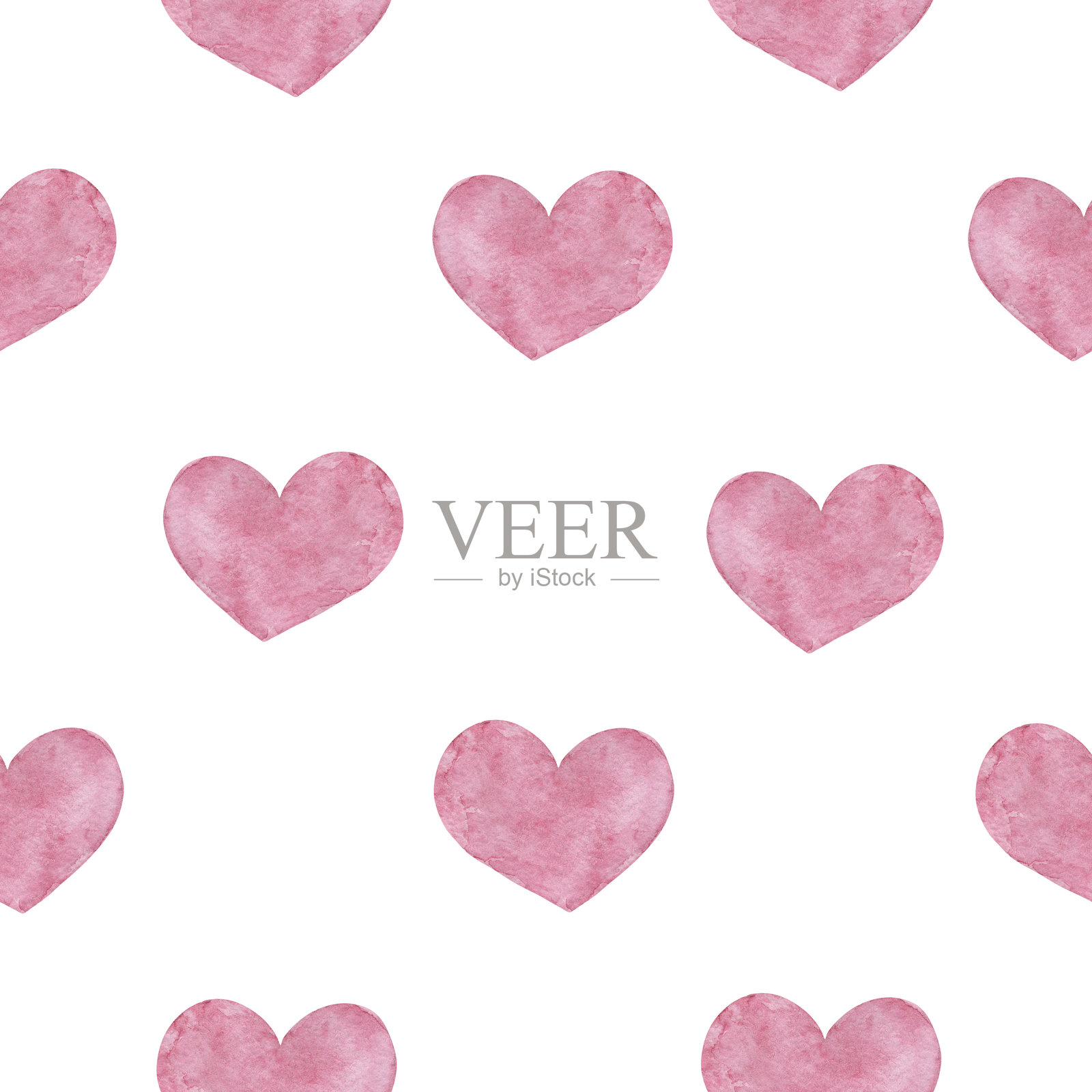 白色无缝背景上有简单随意的粉色水彩心形图案插画图片素材