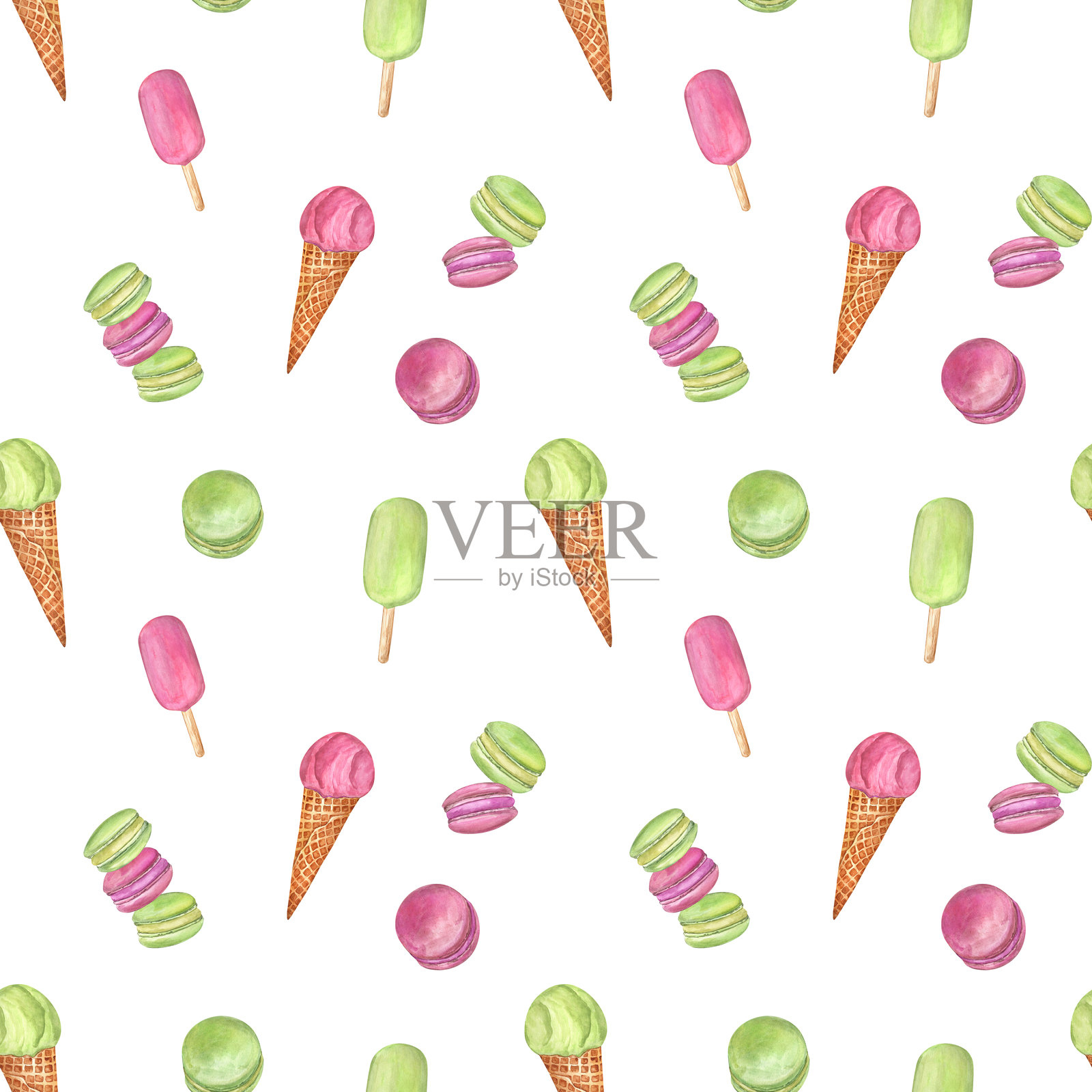 夏季无缝图案，包含水彩冰淇淋和马卡龙插画图片素材