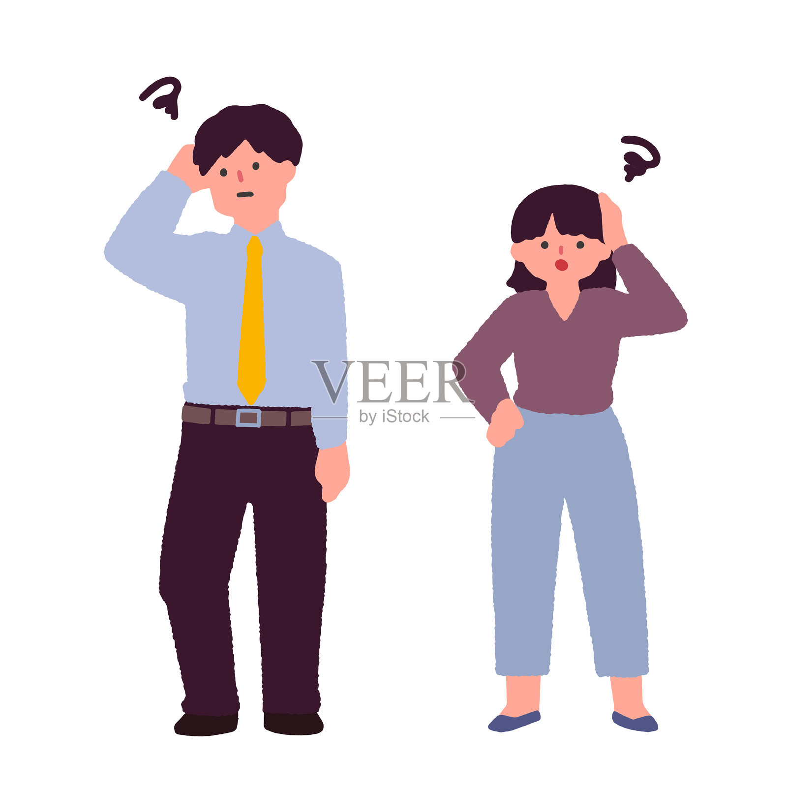 年轻男女面露困惑表情插画图片素材