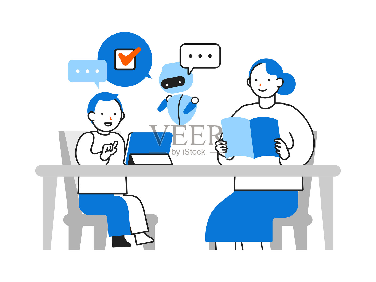 概念：问题解决。使用人工智能的人物卡通角色头像，包括面部侧影、头像和图标。关于儿童安全和支持性学习管理的特写插图，展示人工智能的应用。插画图片素材