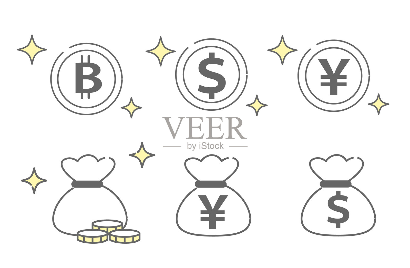 货币图标集与钱袋插画图片素材