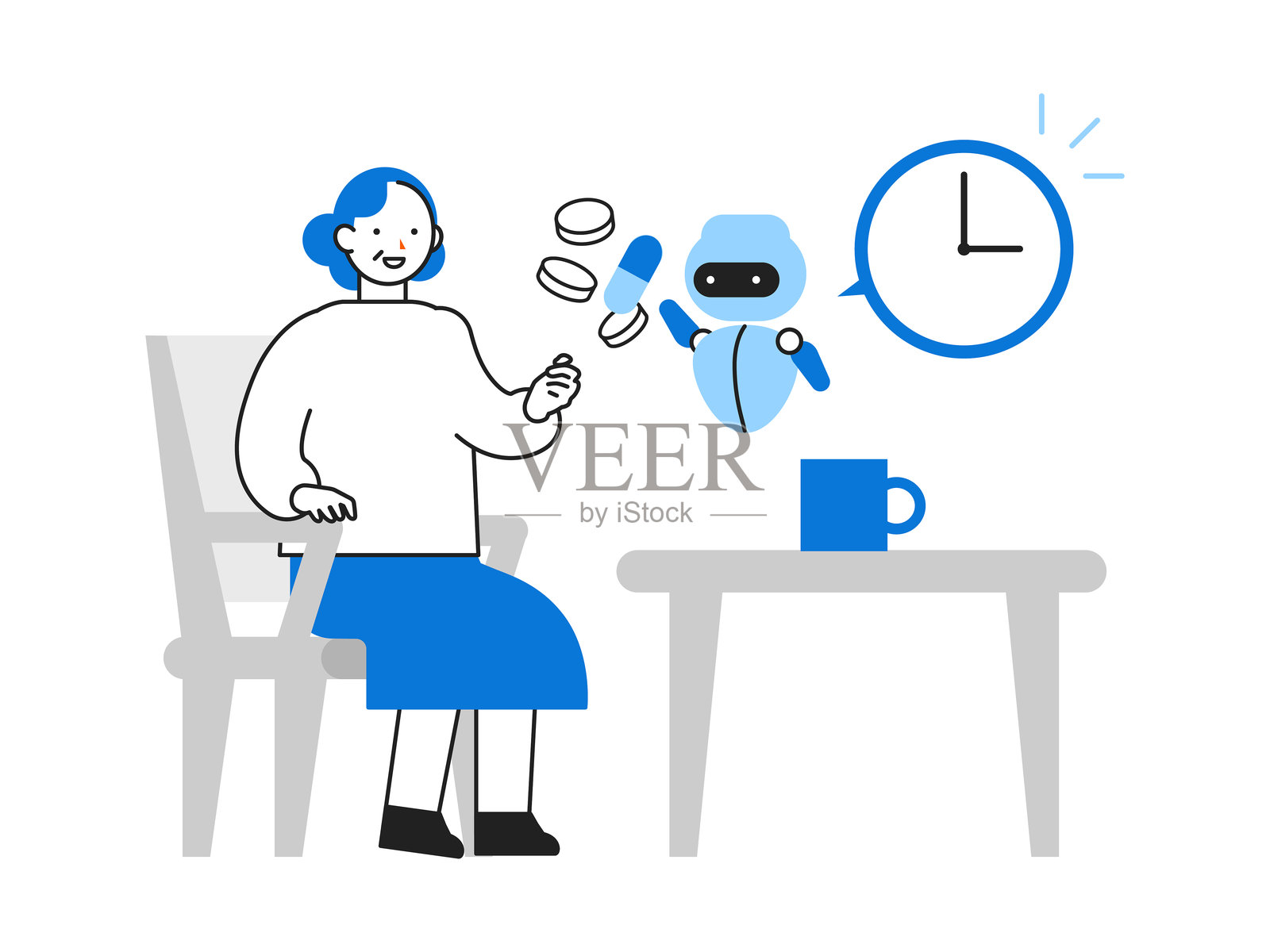 概念：问题解决。使用人工智能的人物卡通角色头像，包括面部侧影、头像和图标。特写插图展示一位老年人使用人工智能管理药物。插画图片素材