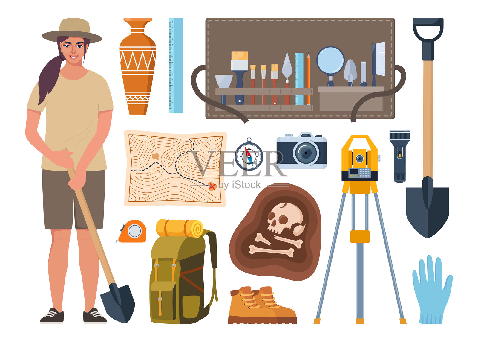 考古工具、发现和考古学家角色。用于挖掘历史宝藏的刷子和工具。矢量插图。插画图片素材