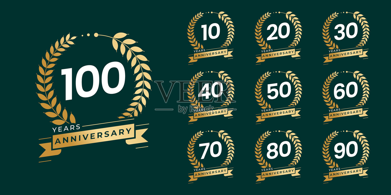 金色月桂树花环的矢量图标或标志设计，适用于10周年至100周年的庆祝活动、婚礼和生日。插画图片素材